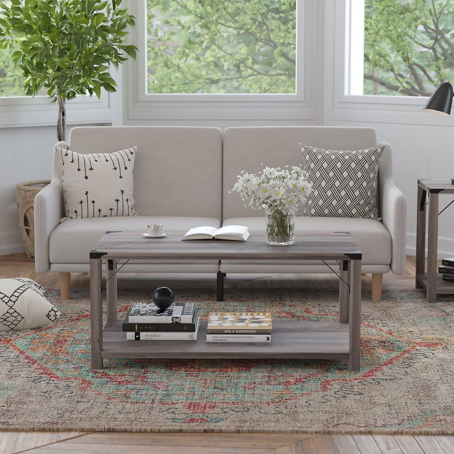 Flash Furniture Wyatt Modern Farmhouse Wooden 2 Tier Coffee Table with Black Metal Corner Accents and Cross Bracing, Gray Wash