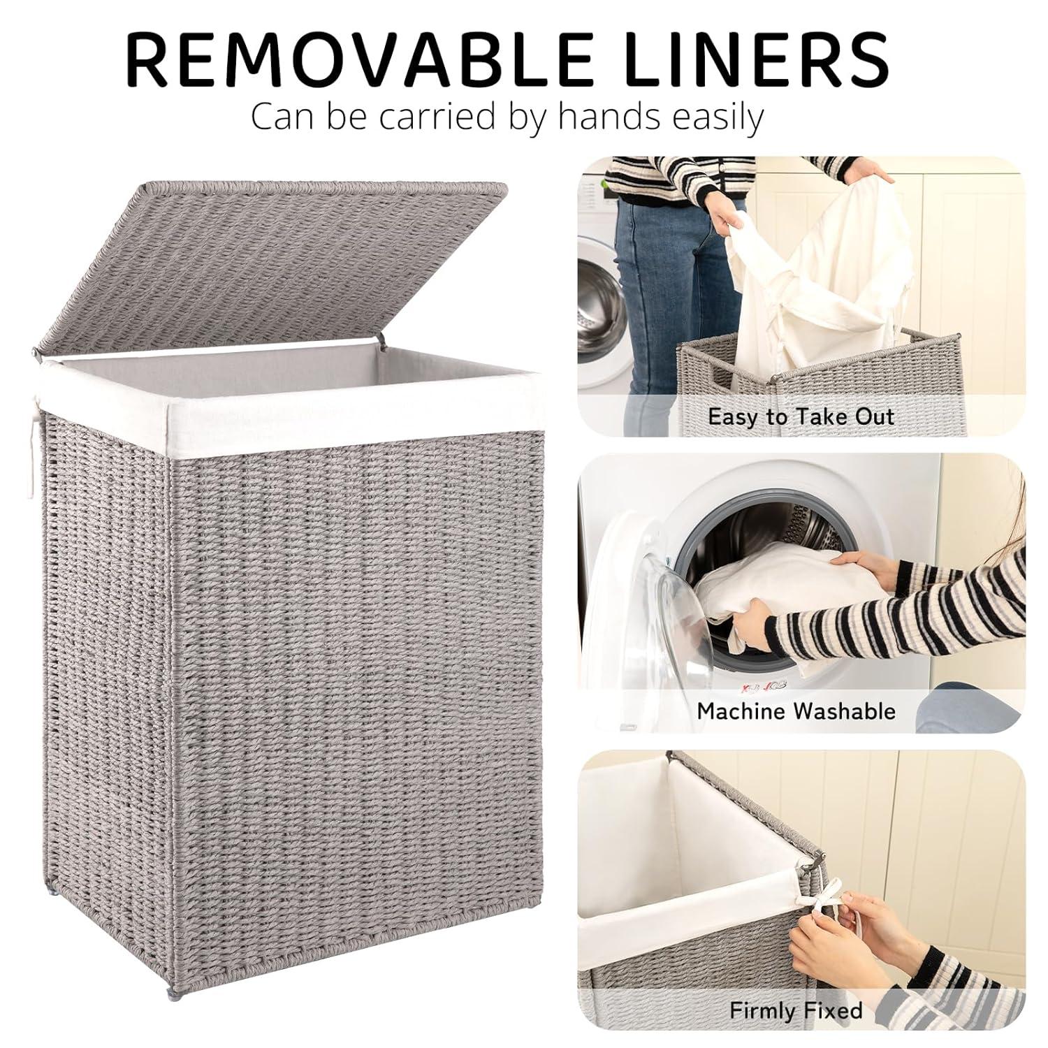 OIAHOMY Laundry Hamper with Lid, 23.8 Gal (90L) Wicker Hamper with Removable Liner Bags, Handwoven Clothes Basket with Handles, Foldable Woven Paper Rope Basket for Laundry Room, Bedroom-Grey