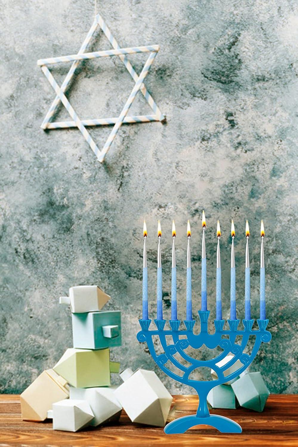 Ner Mitzvah, 6" Standard Size, Colored Rounded Hannukah Candle Menorah - Blue Color