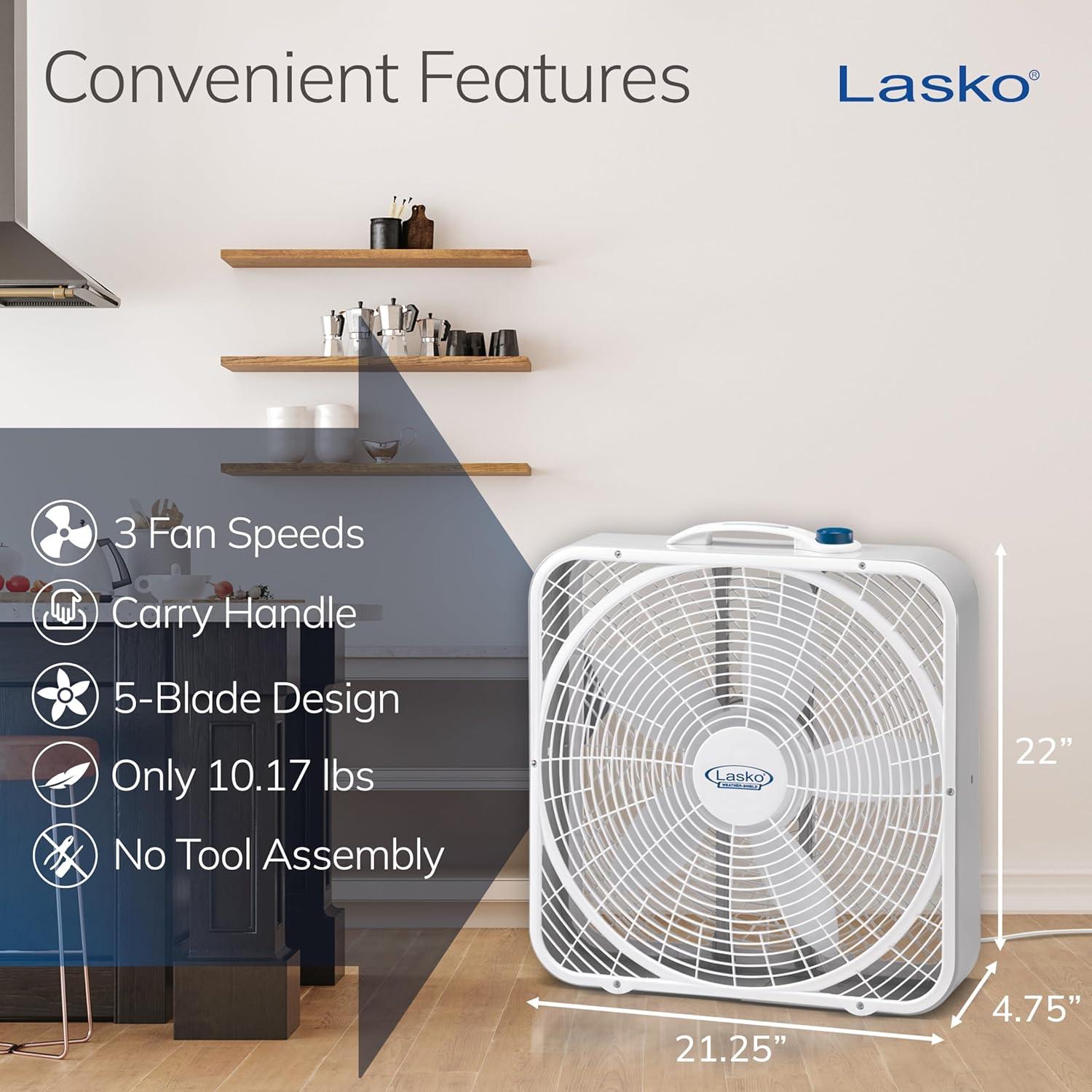Lasko 20 Weather-Shield Performance Box Fan-Features Innovative Wind Ring System for Up to 30% More Air, 20 Inch, 3720
