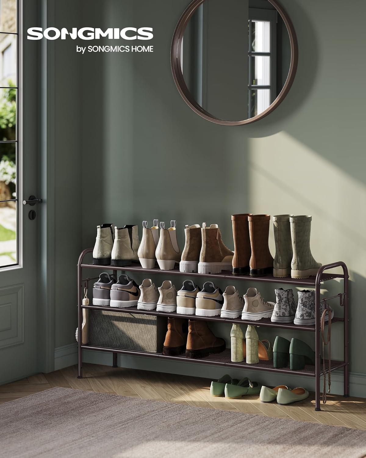 Chestnut Brown 3-Tier Metal Shoe Rack with Hooks