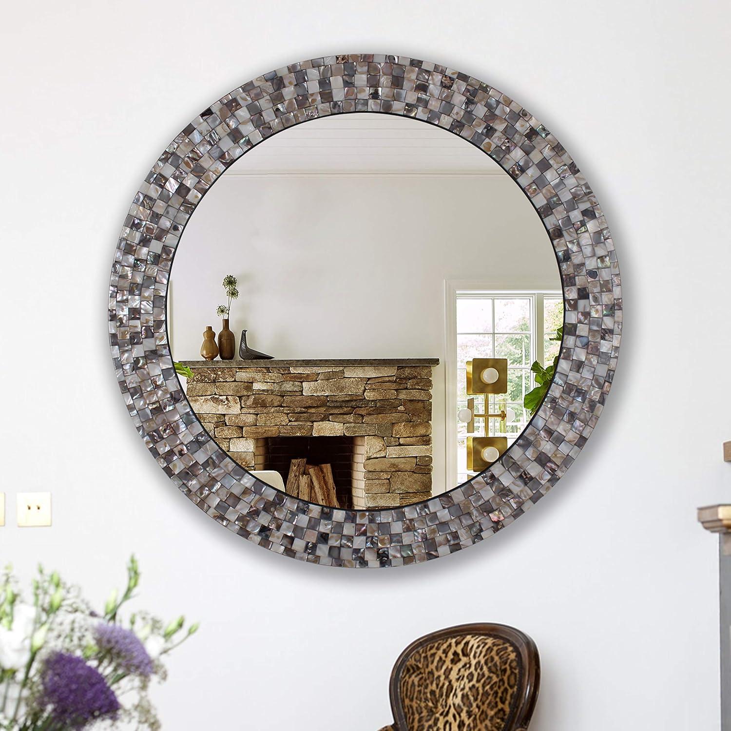 Chloe Lighting Reflection Vertical Hanging Seashell Finish Round Framed Wall Mirror 30`` Height