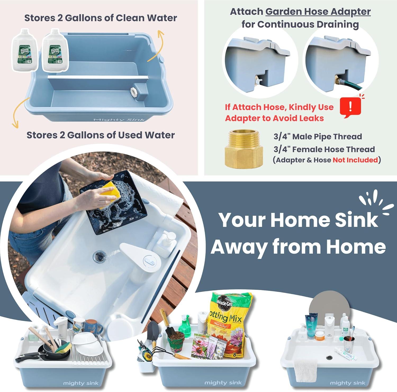 Mighty Sink Portable Sink: Patented Wash Station with Electronic Faucet | 2 Gallons | Easy Setup | Indoor & Outdoor Use | Ideal for Dishwashing, Camping Hygiene, Gardening, Pottery & More