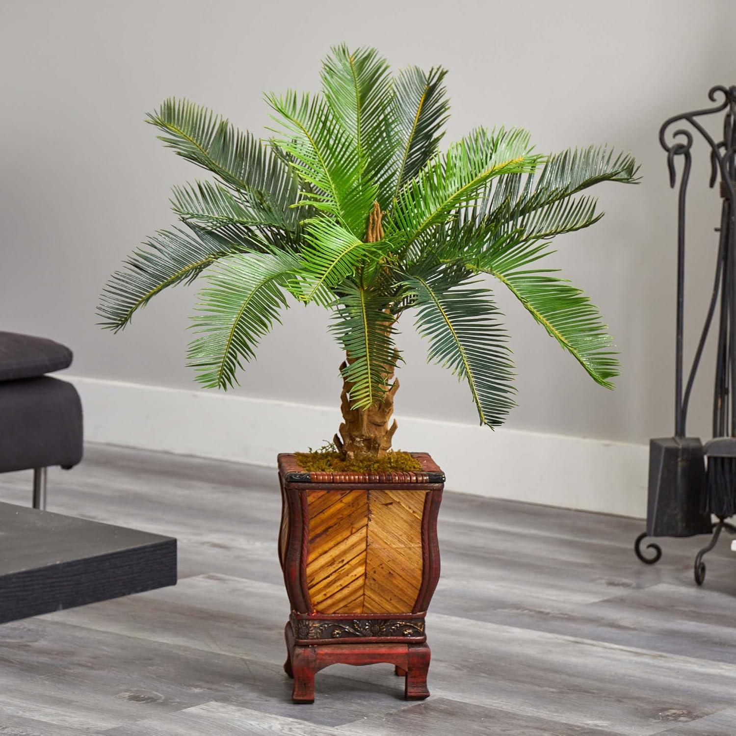 Nearly Natural 3-ft Cycas Tree in Wood Planter