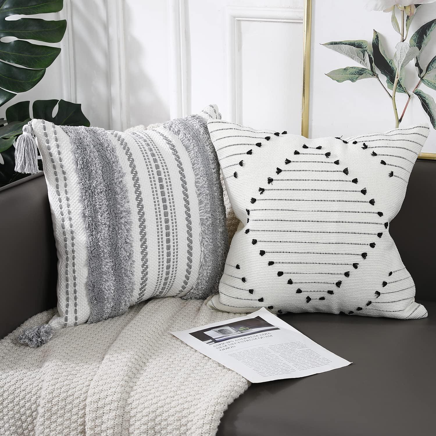 Modern Boho Gray and White Cotton Throw Pillow Set