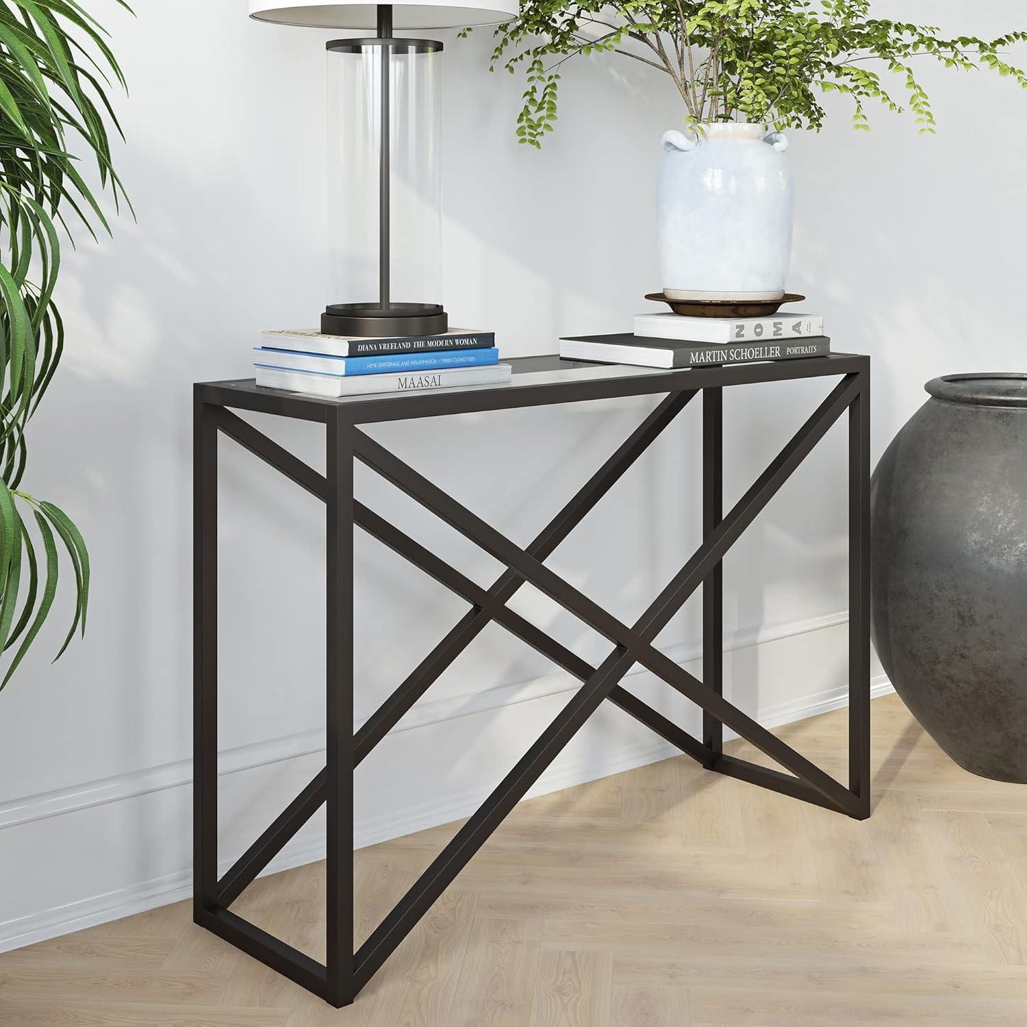 Blackened Bronze Rectangular Console Table with Tempered Glass Top