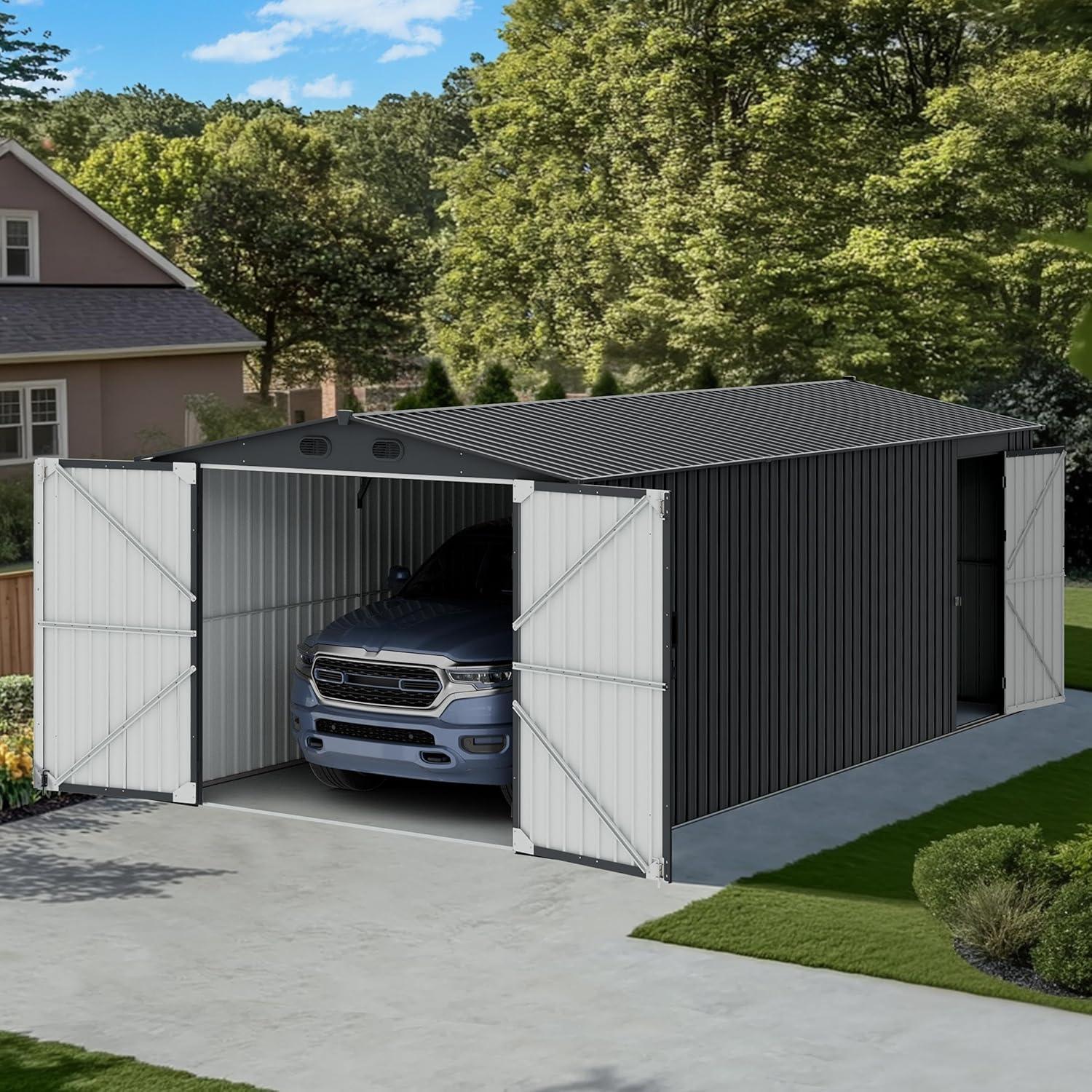 Sunjoy Sunjoy Outdoor Storage Shed 10 x 20 ft. Carport, Patio Metal Utility Large Storage Shed Garage with 2 Doors and 4 Vents, for Car, Truck, Bike, Garbage Can, Tool, Lawnmower