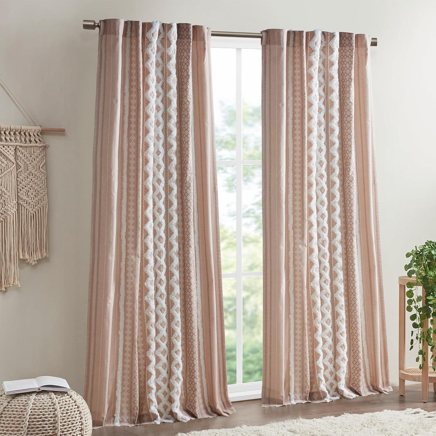 INK+IVY Imani Cotton Printed Curtain Panel with Chenille Stripe and Lining, Blush, 50x84"