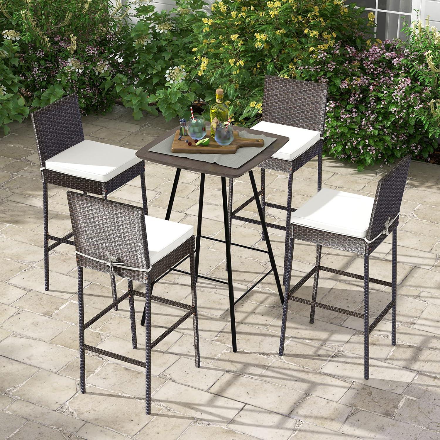 Kepooman Outdoor Bar Stool, 2 Pieces Patio Cushioned Wicker Barstools with Cozy Footrest-Set of 2