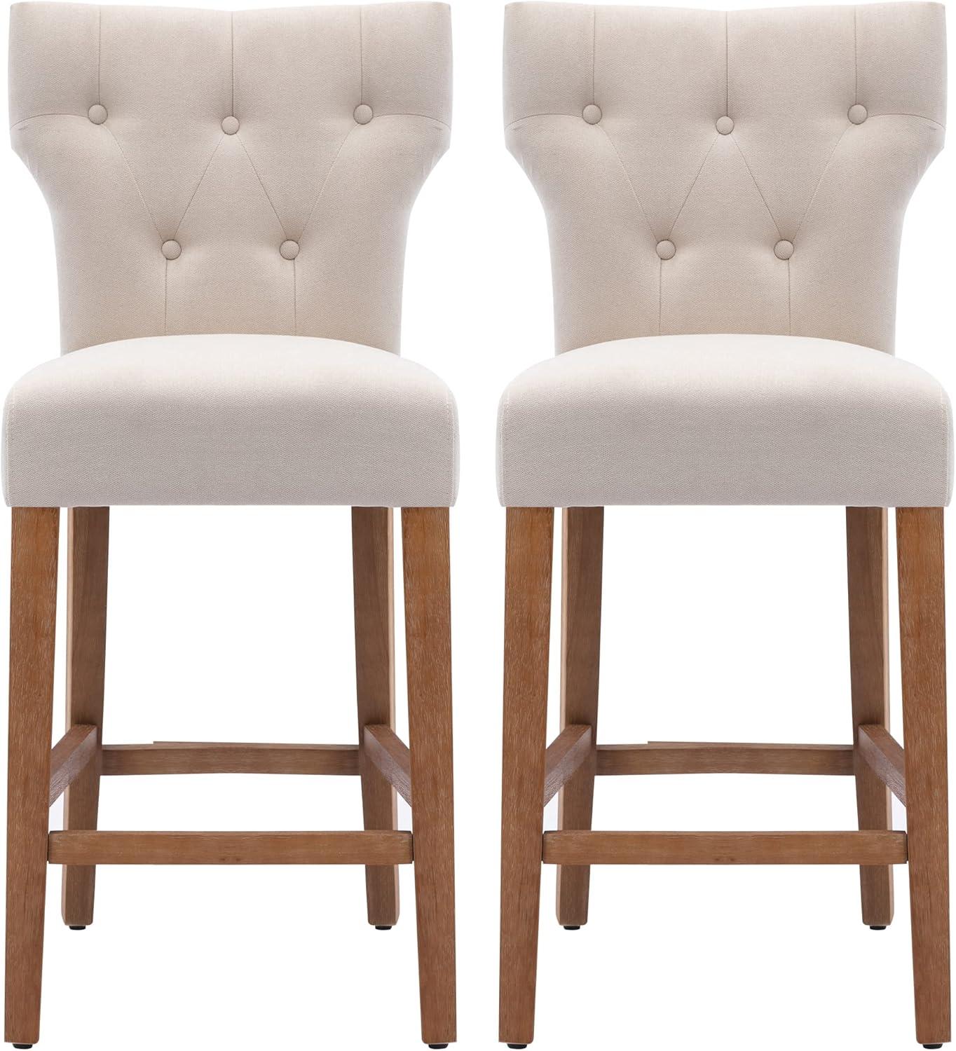 Modern Counter Height Wood and Fabric Bar Chair, Tall Wingback Style Bar Stool, Set of 2, Beige