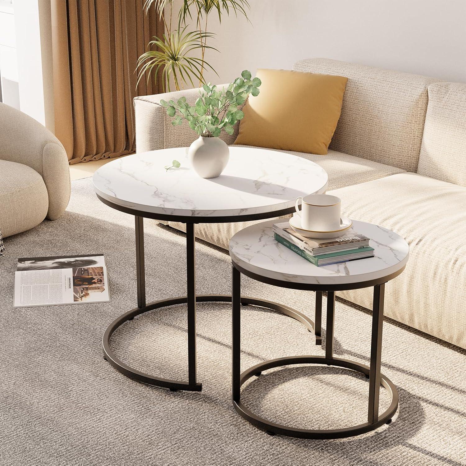 White Faux Marble and Black Metal Round Nesting Coffee Table Set