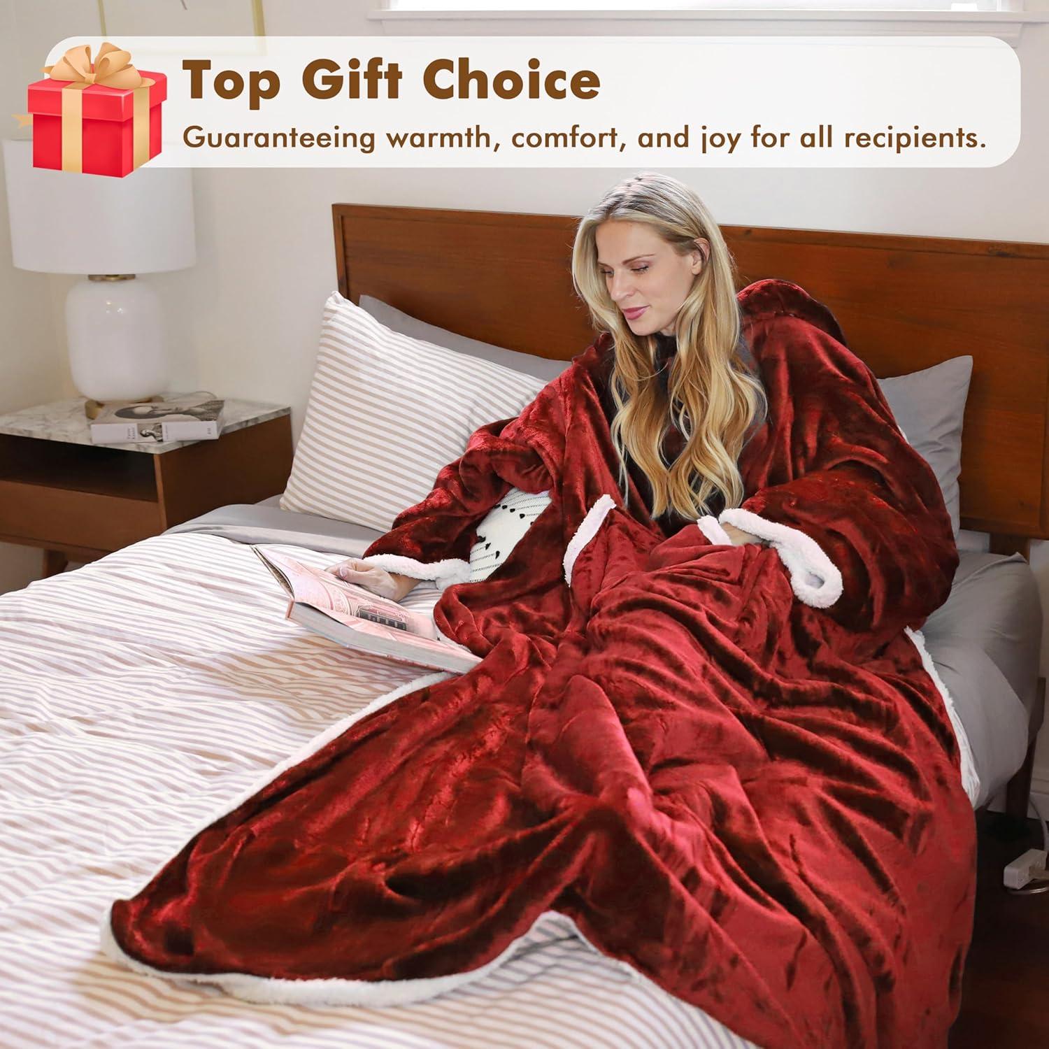 Tirrinia Hood Wearable Blanket for Adult Women and Men, Super Soft Comfy Warm Plush Throw with Sleeves TV Blanket Wrap Robe Hoodie Cover for Sofa, Couch 72" x 55"