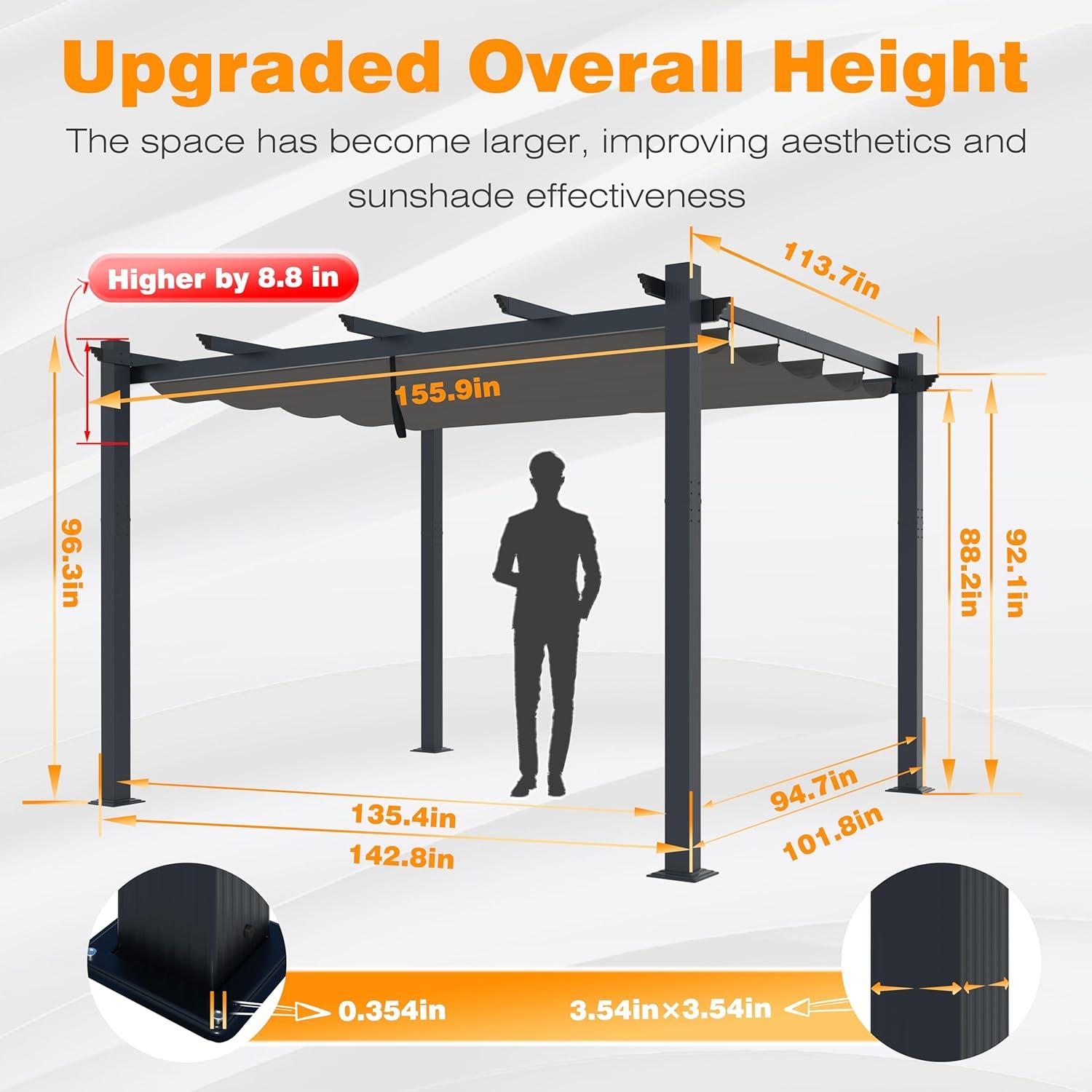 Gray Aluminum Pergola with Retractable Canopy, 13x10 ft