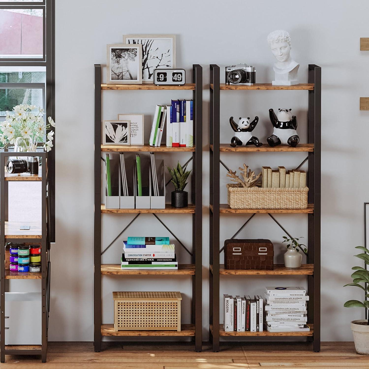 Vintage Brown 5-Tier Industrial Ladder Bookshelf with Black Metal Frame