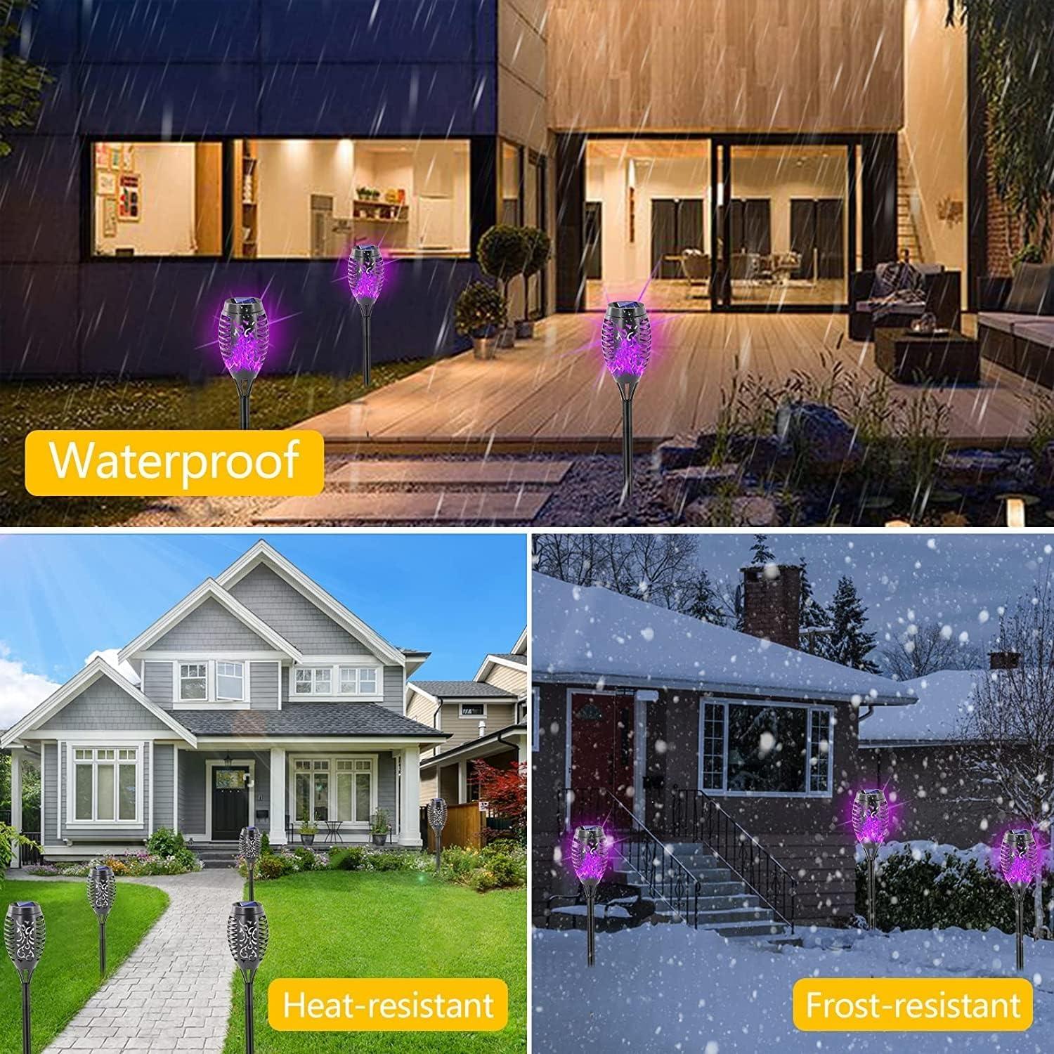 LED Solar Torch Light with Flickering Flame-4PCS, Outdoor Waterproof Lawn Lights, Solar Powered Pathway Purple Lights for Garden Patio Yard Xmas Decoration, Auto On/Off Solar Lights