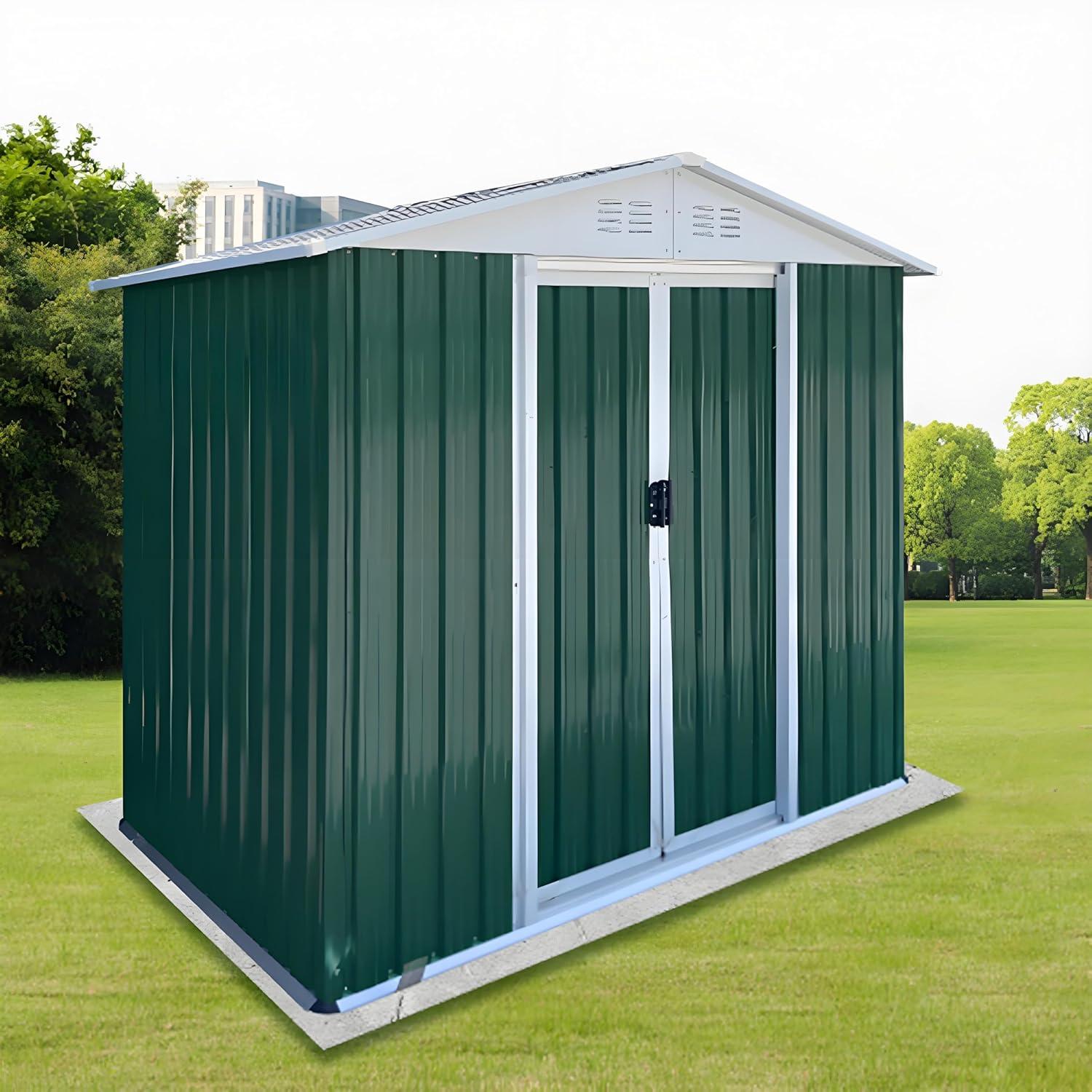 6' x 4' Metal Outdoor Storage Shed, Garden Tool House with 2 Vents and 2 Easy Sliding Doors for Backyard, Patio, Garage, Lawn Metal Storage Shed （Green）