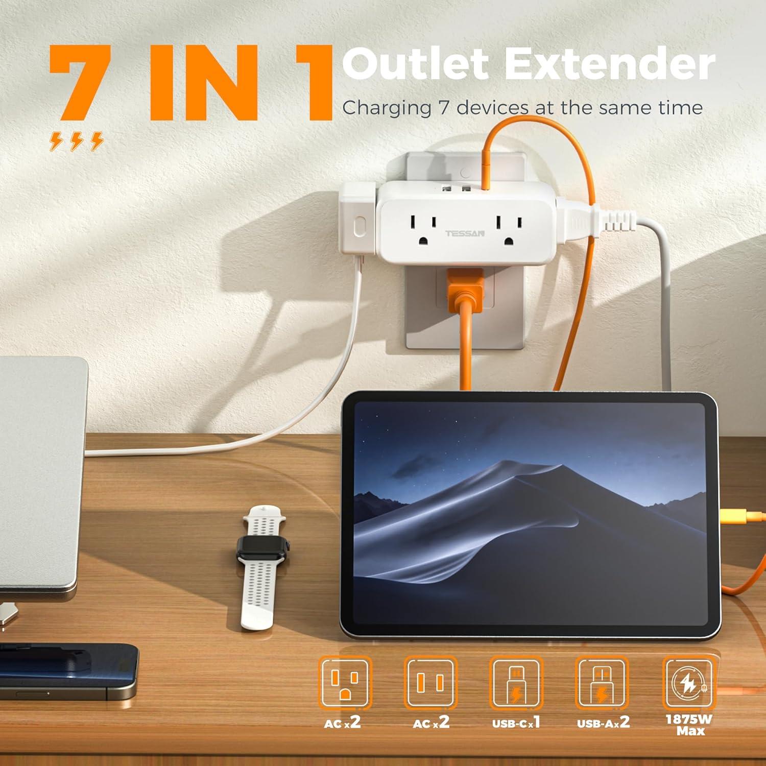 Outlet Extender Surge Protector, TESSAN Multi Wall Plug with 4 AC Electrical Outlets, 3 Sided Multiple Plug Expander, 1875W Max, Power Splitter 3 Prong Adapter for Home Bathroom Office Dorm Room