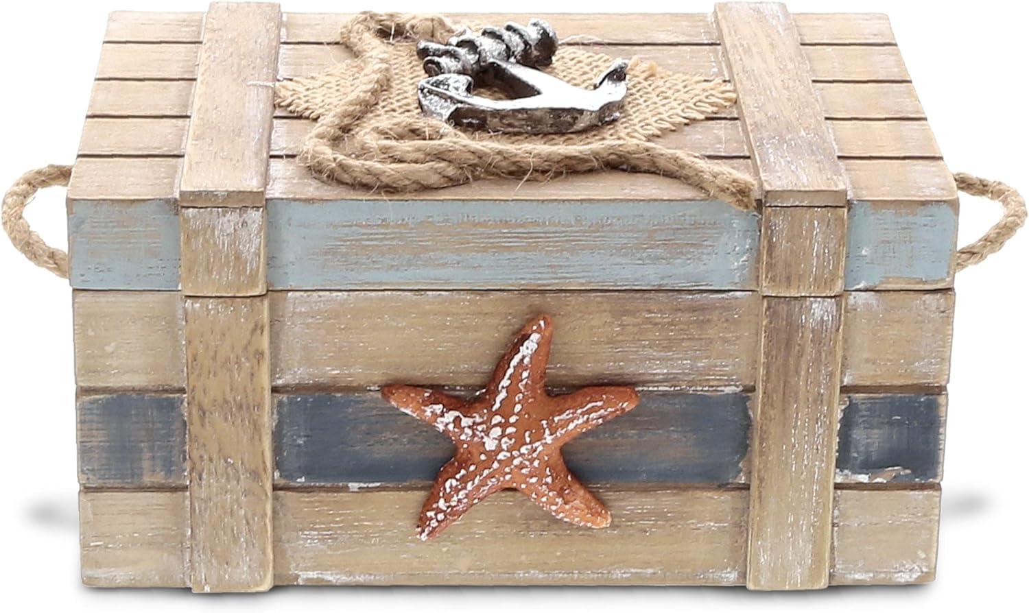 CoTa Global Neptune Wooden Jewelry Box - Handcrafted Nautical Trinket with Starfish and Boat Anchor Decorations, Accent Tabletop Home Decor, Beach Starfish Jewelry Storage Organizer - 6.5 Inches