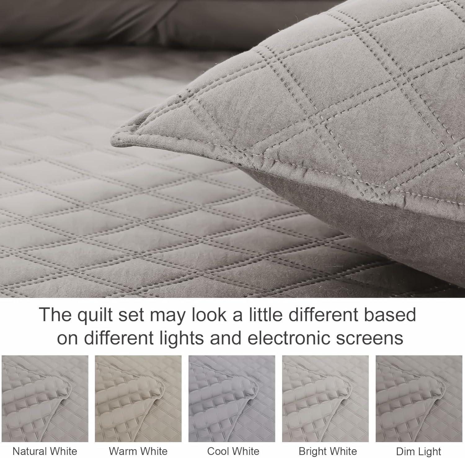 Exclusivo Mezcla Queen Quilt Bedding Set, Lightweight Soft Light Grey Queen Bedspreads Coverlets with Geometric Stitched Pattern
