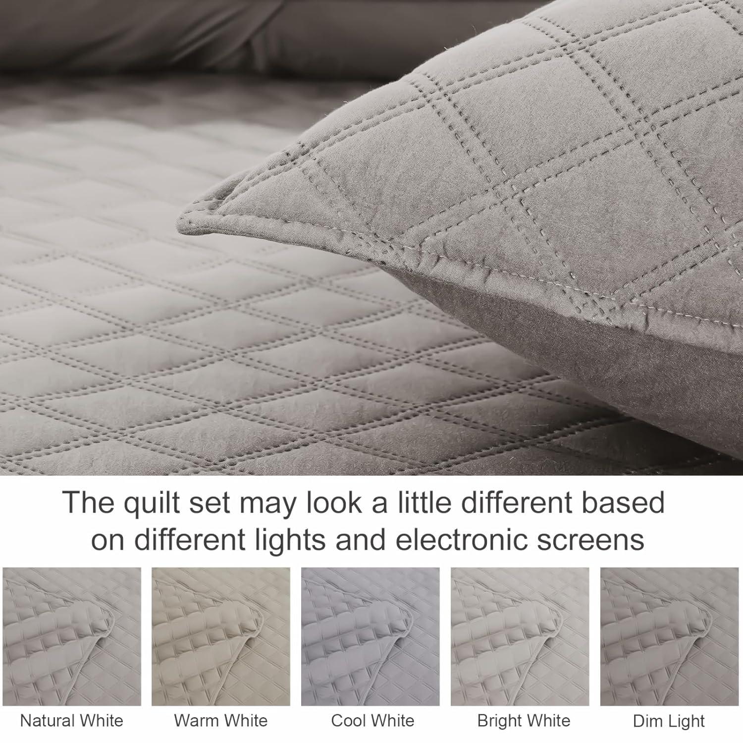 Exclusivo Mezcla Queen Quilt Bedding Set, Lightweight Soft Light Grey Queen Bedspreads Coverlets with Geometric Stitched Pattern