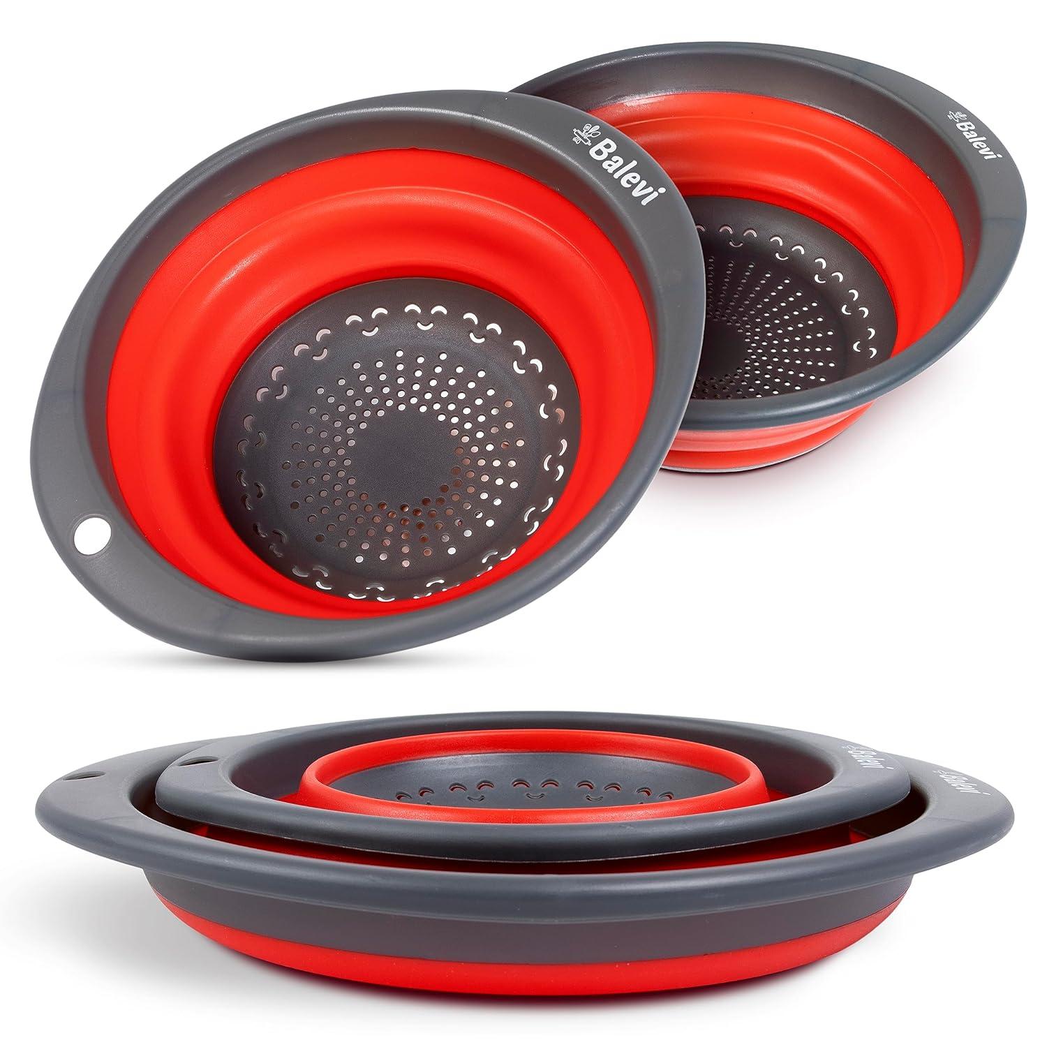 "Balevi Collapsible Strainers for Kitchen - Collapsible Colander Set of 2 Made of Silicone - Collapsible Strainer with Little Pegs to Keep Food Elevated - Green"