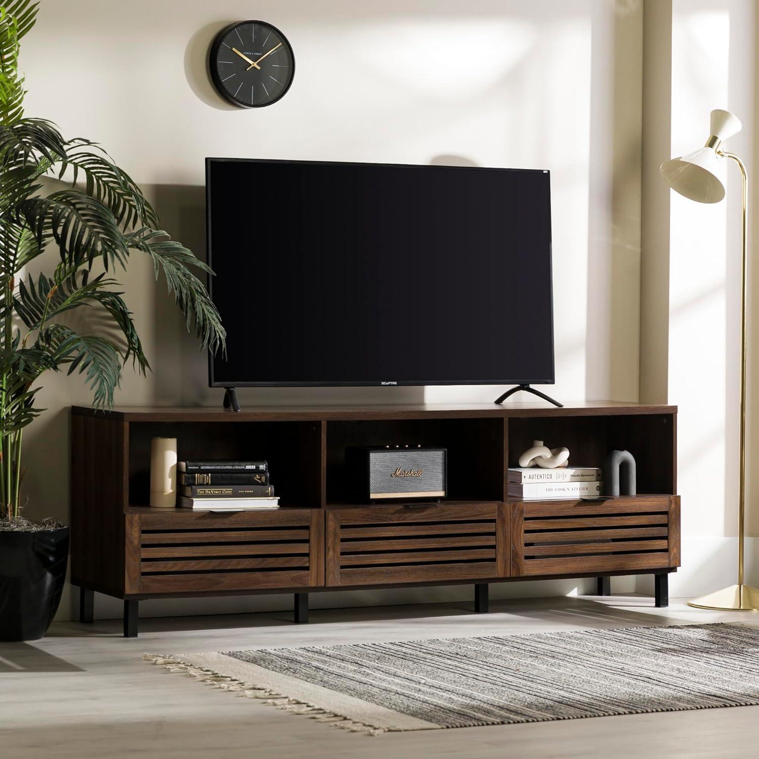 70-Inch Dark Walnut Slatted Wood TV Stand with Cabinets