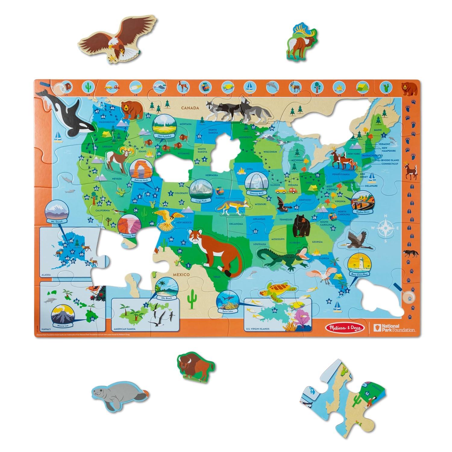 Melissa & Doug National Parks U.S.A. Map Floor Puzzle – 45 Jumbo and Animal Shaped Pieces, Search-and-Find Activities, Park and Animal ID Guide - FSC Certified