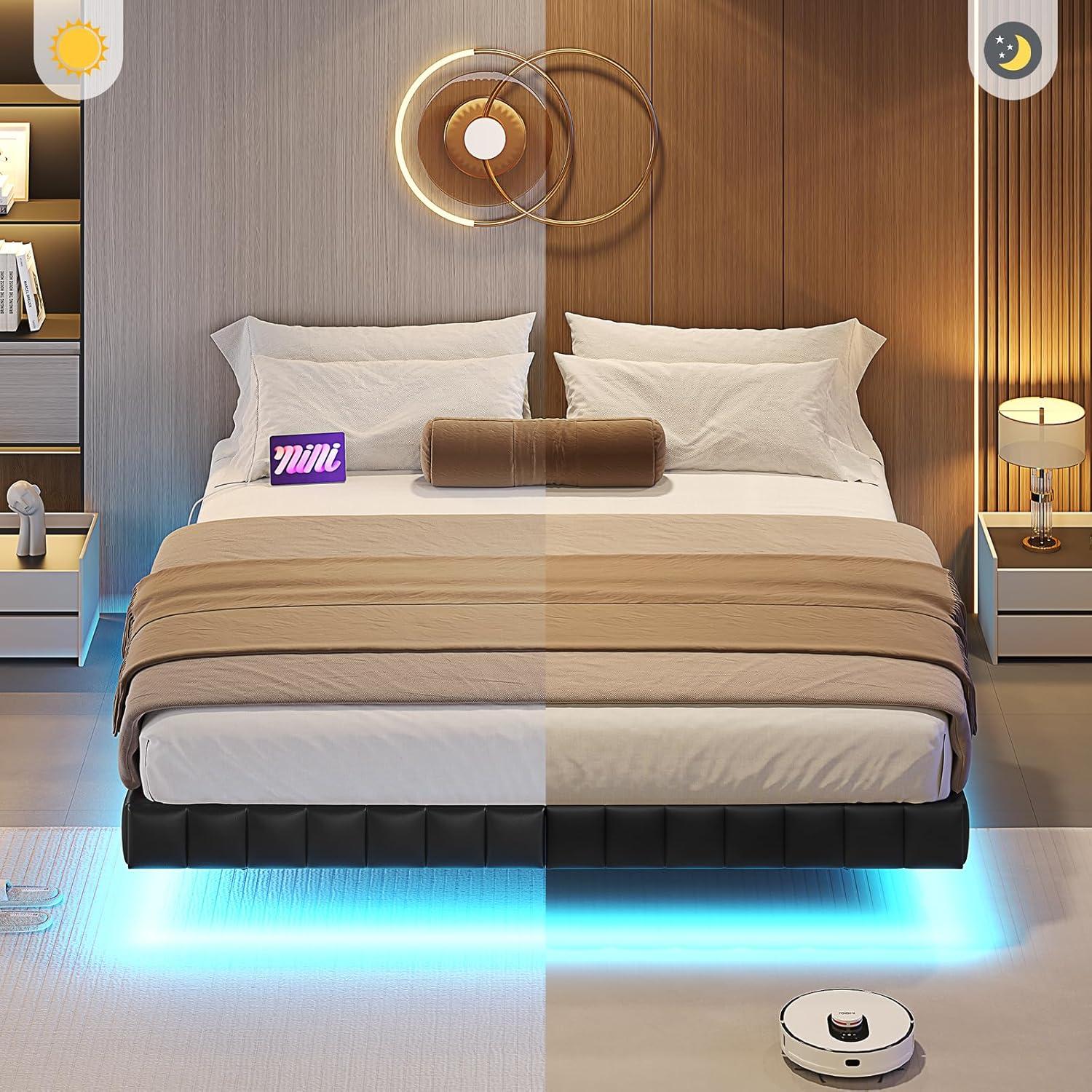 Floating Bed Frame With Led Lights Metal Platform Bed, No Squeak