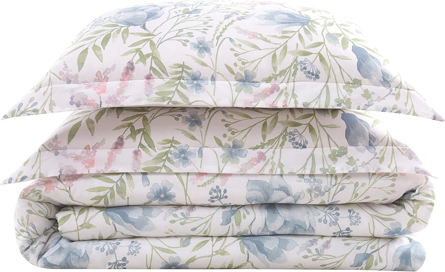 King Blue Cotton Floral Comforter Set with Shams