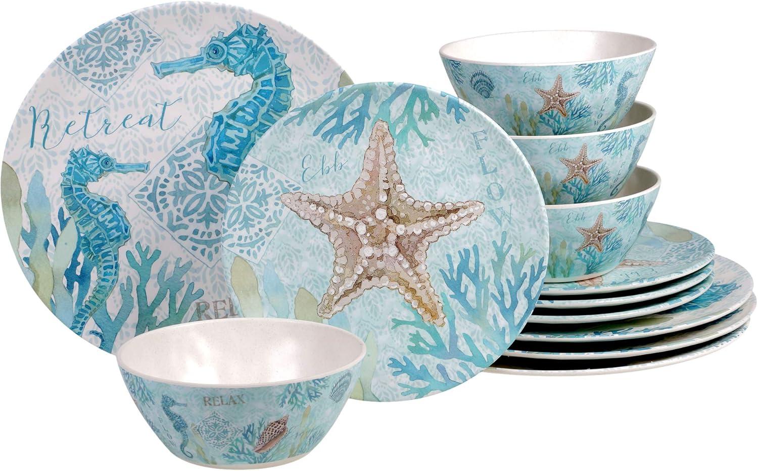 12-Piece Coastal Melamine Dinnerware Set with Animal Print