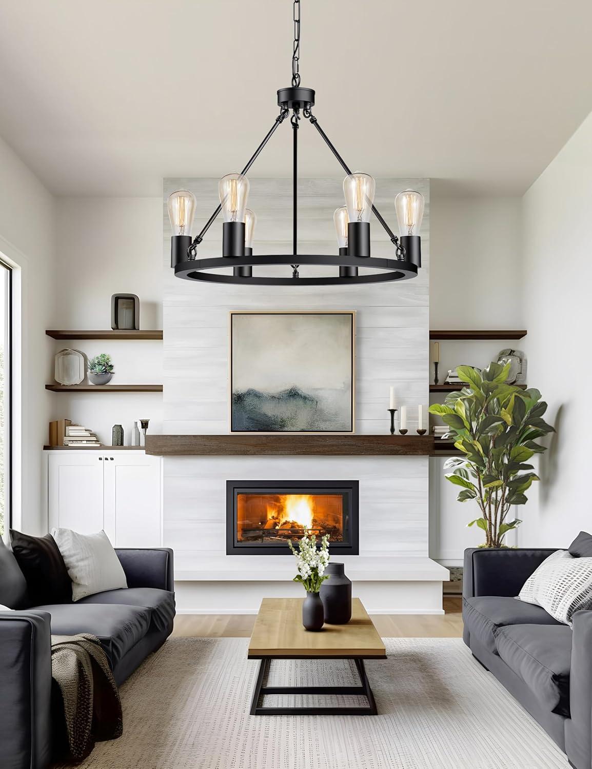 Farmhouse 6 Lights Black Wagon Wheel Chandelier,Modern Vintage Round Pendant Light Fixture for Dining Room,Living Room, Entryway Foyer Kitchen Island, E26