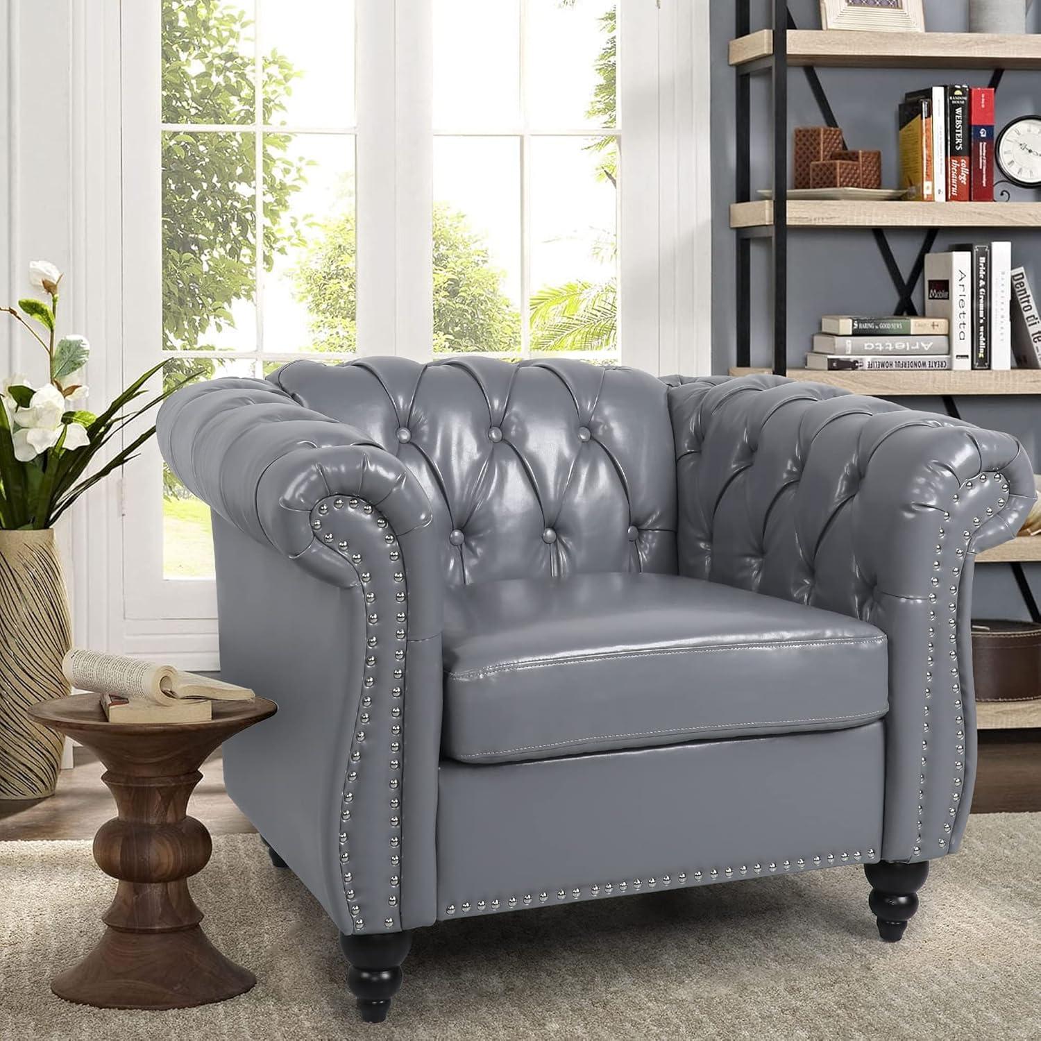 Gray Faux Leather Chesterfield 1-Seater Sofa with Nailhead Trim