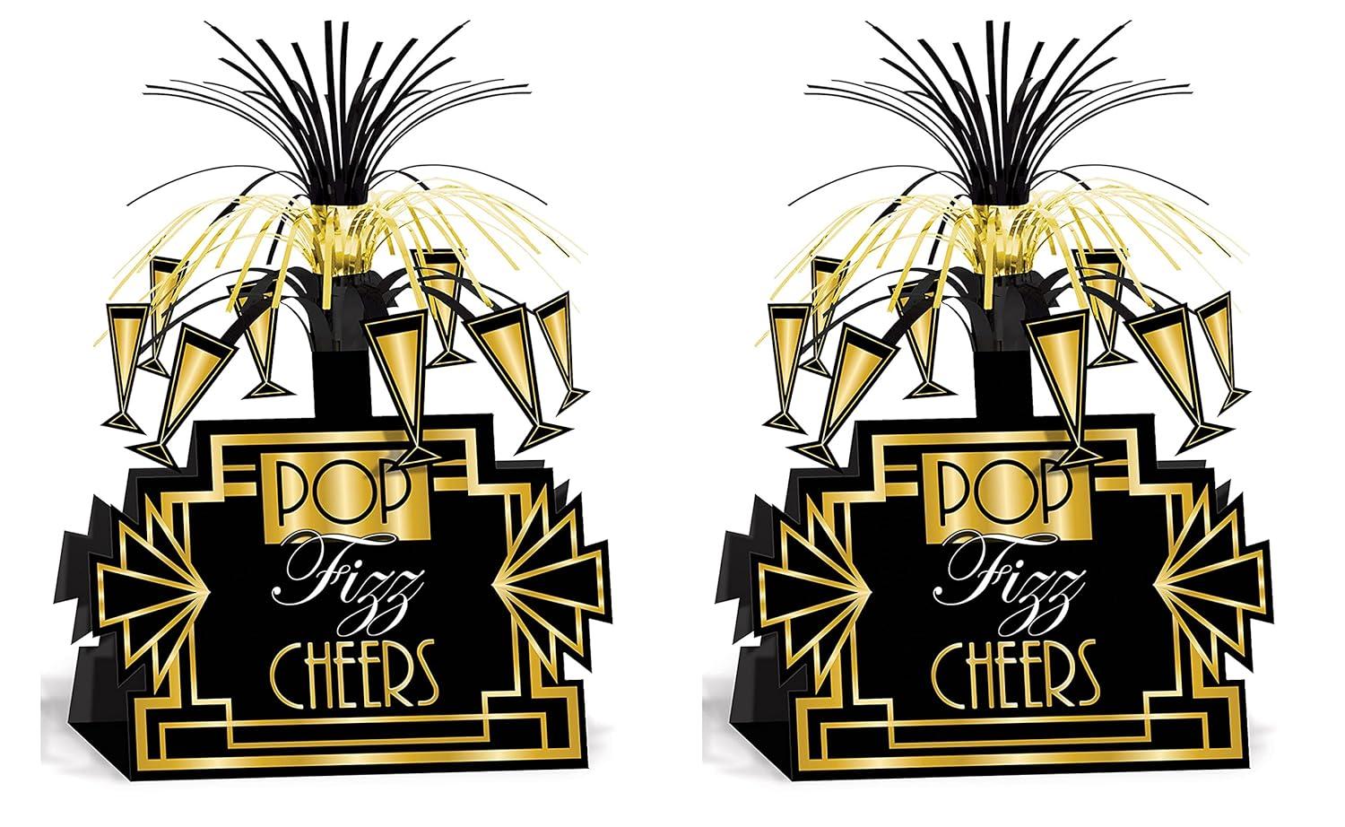 Beistle 2-Piece Champagne Pop Fizz Cheers Table Centerpieces, 1920’s Era Party Supplies, New Years Eve, Awards Night & Gatsby Party Decor, 13"