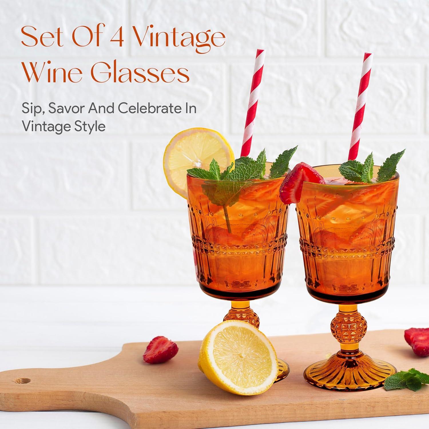 American Atelier Vintage Old Fashion 10 oz. Whiskey Glasses, Romantic Water Tumblers, Barware Glasses for Cocktails, Embossed Beaded, Set of 4, Amber