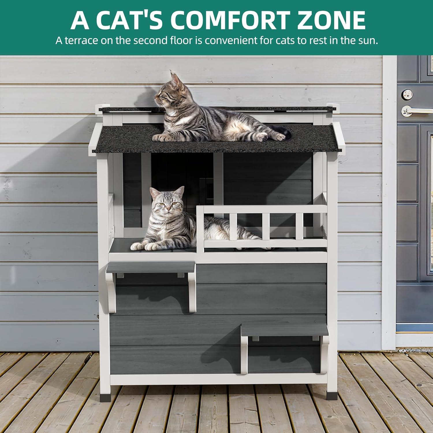 Archie & Oscar™ Outdoor Cat House 2-story Wooden Feral Cat Shelter with Balcony & Roof