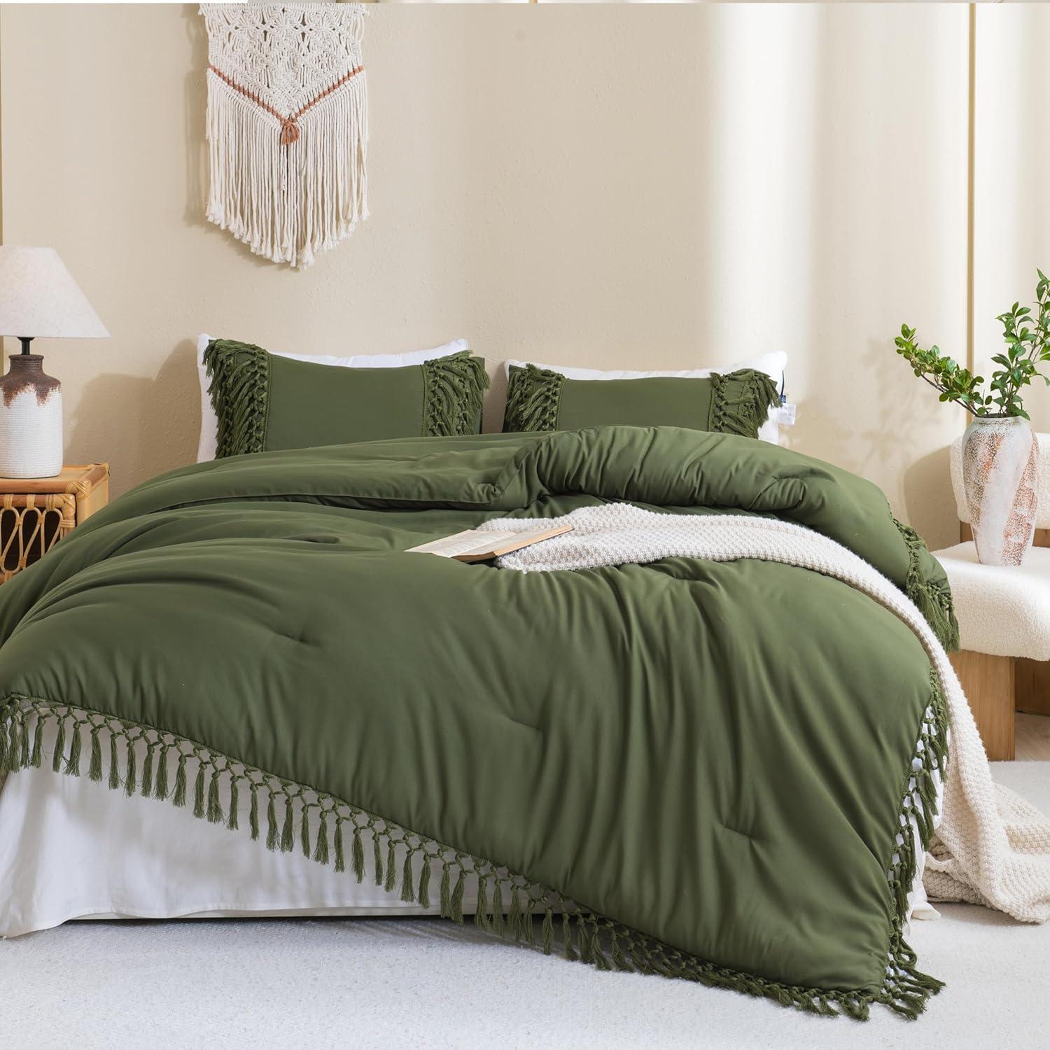 Sage Green King Microfiber Boho Tassel Comforter Set