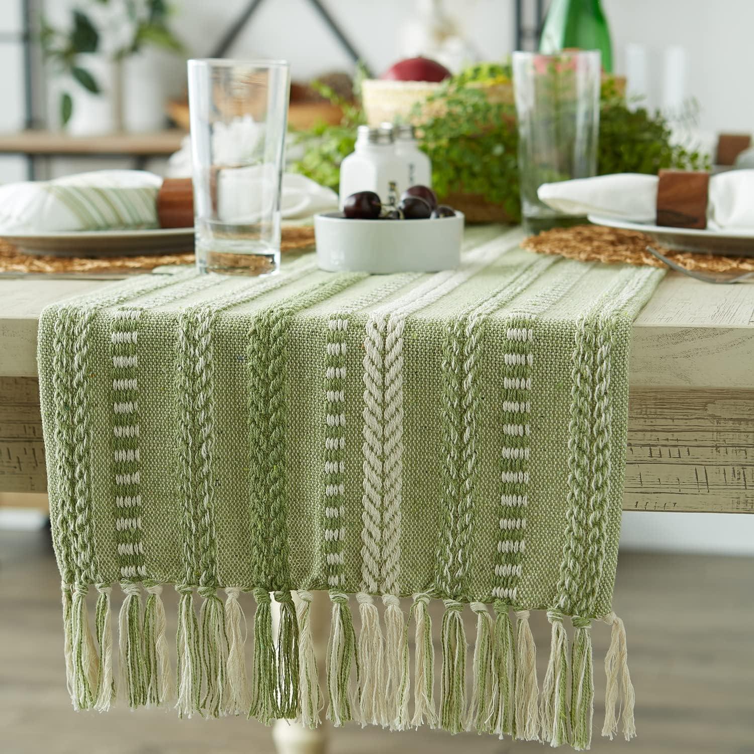 DII 15x108" Modern Cotton Braided Stripe Table Runner in Green/White