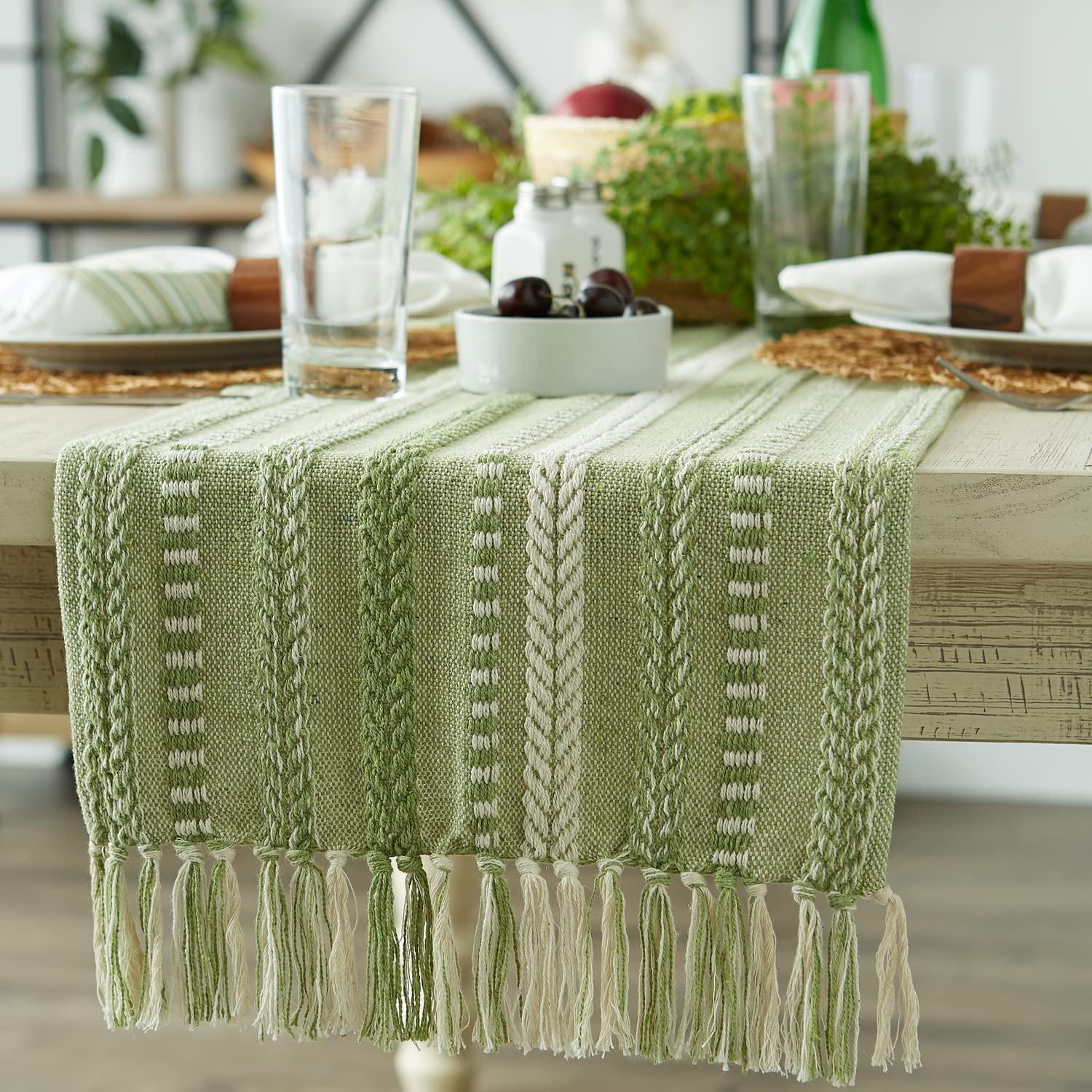 Design Imports  Braided Stripe Jacquard Fringe Table Runner, 15X108", Antique Green