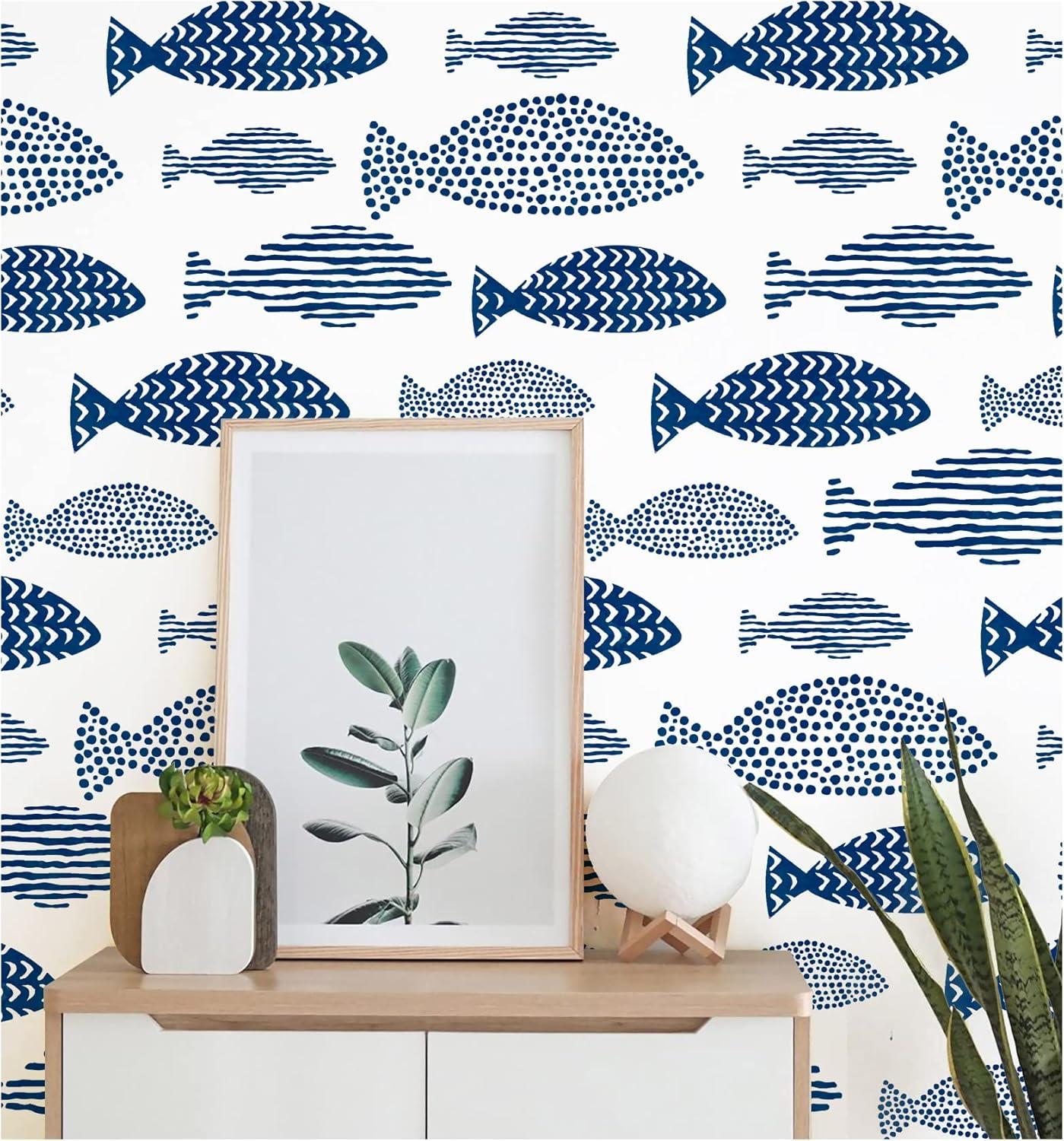 HAOKHOME Peel and Stick Wallpaper Coastal Fish Abstract Underwater World Trellis Navy Blue Removable Contact Paper for Home Bathroom Decorations 17.7in x 32.8ft