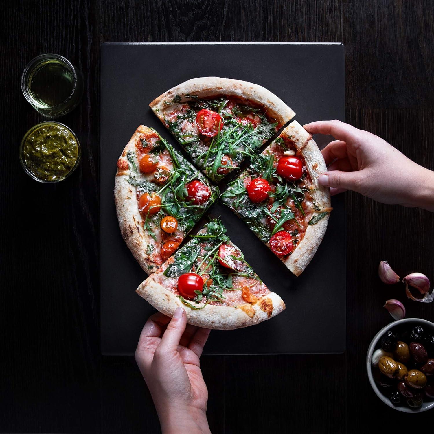 Navaris XL Pizza Stone for Baking - Glazed Square Cordierite Stone Plate for BBQ Grill Oven, Bake Serve Bread - Incl. Recipe Book - 15" x 11.8" x 0.6"