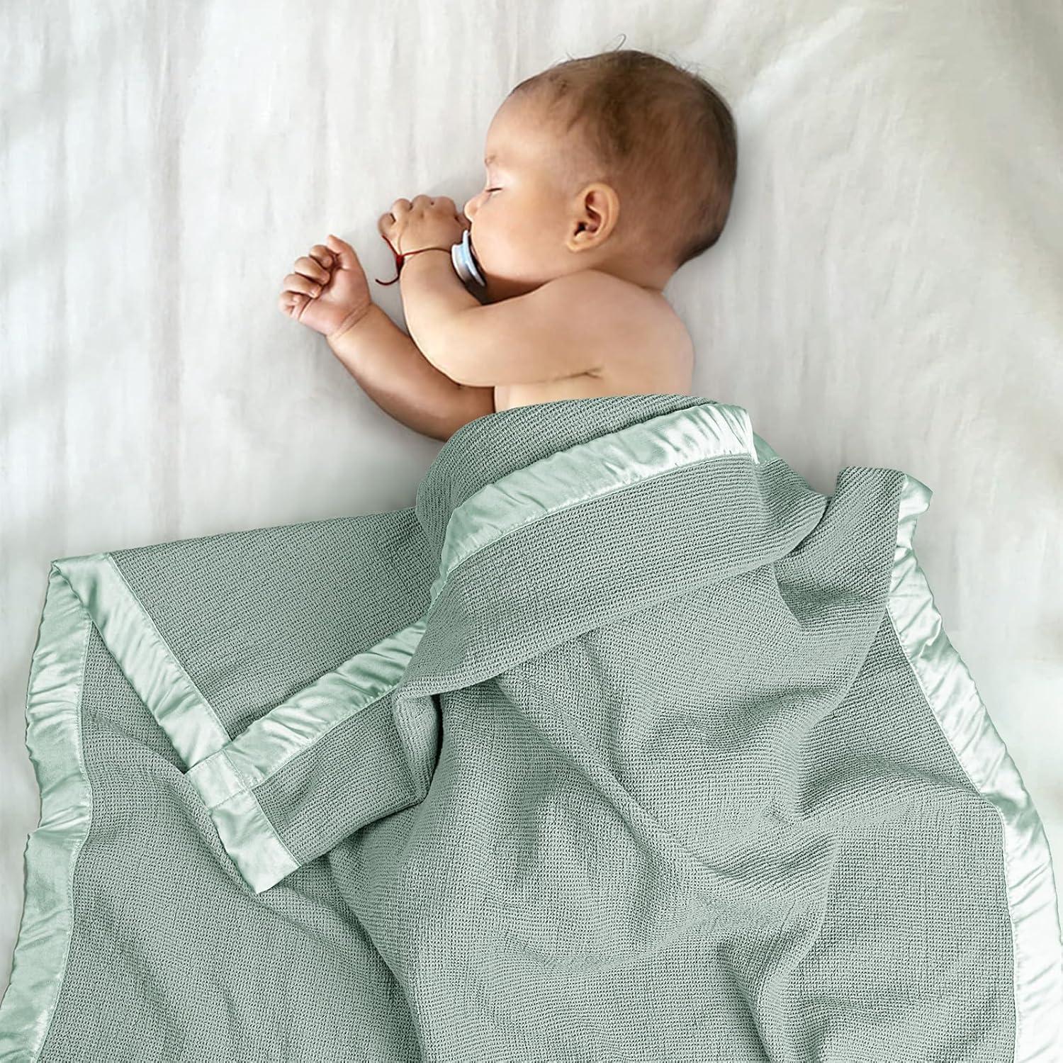 Lulu moon Swaddle Baby Blanket: Waffle Blanket with Satin Trim - Soft Breathable Toddler Blanket Perfect for Nursing Cover and Playtime - Cotton Crib Blanket for Daytime Naps 40"x36"(Sage)