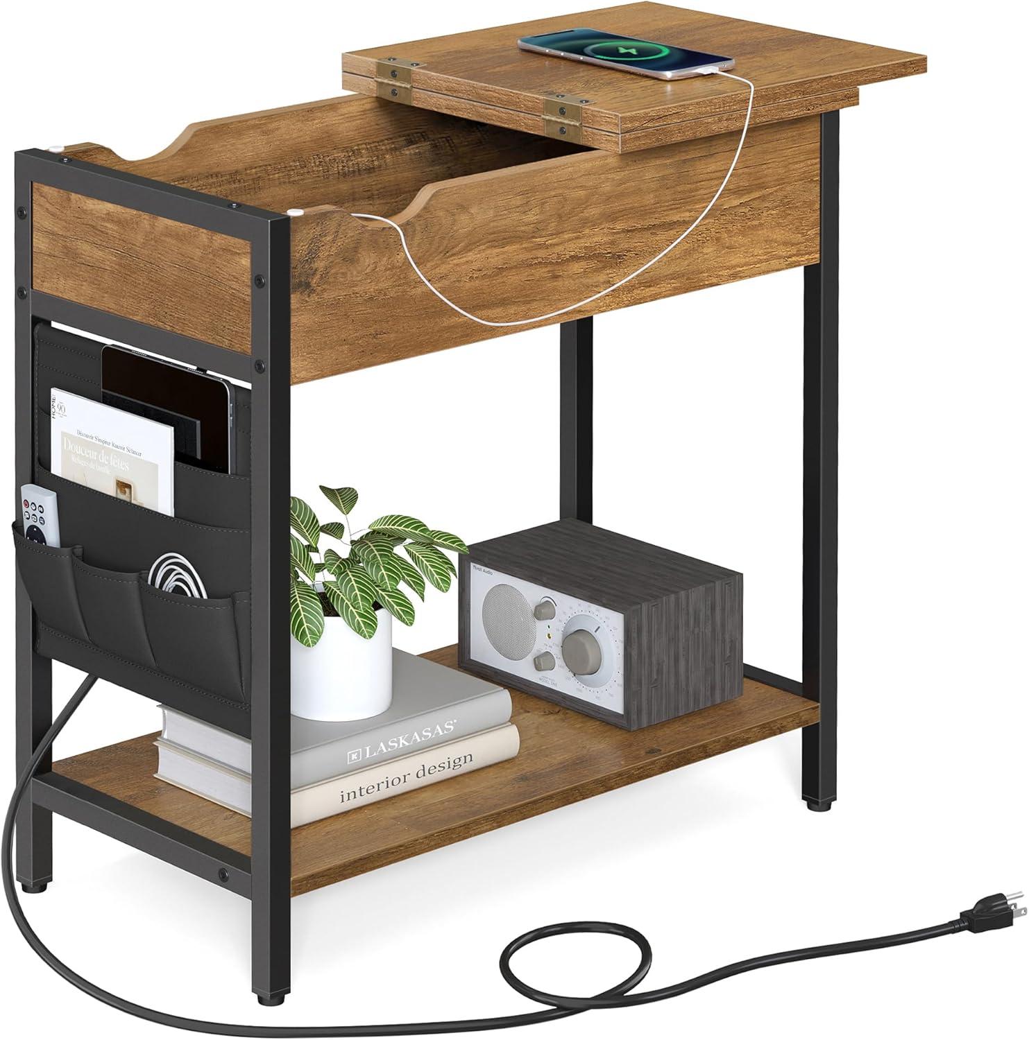 Rustic Walnut and Black Steel Side Table with Storage and Charging Station