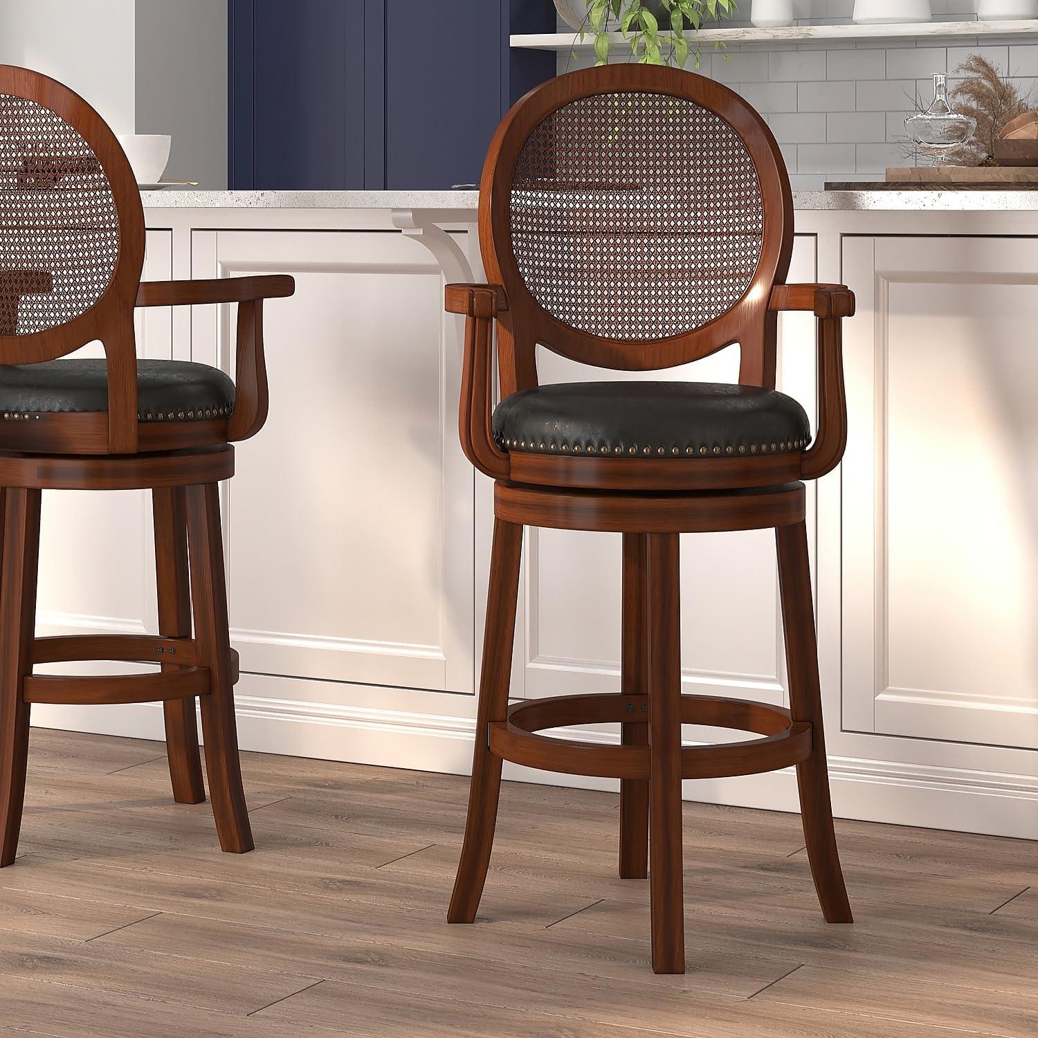 Flash Furniture 30'' High Expresso Wood Barstool with Arms, Woven Rattan Back and Black LeatherSoft Swivel Seat