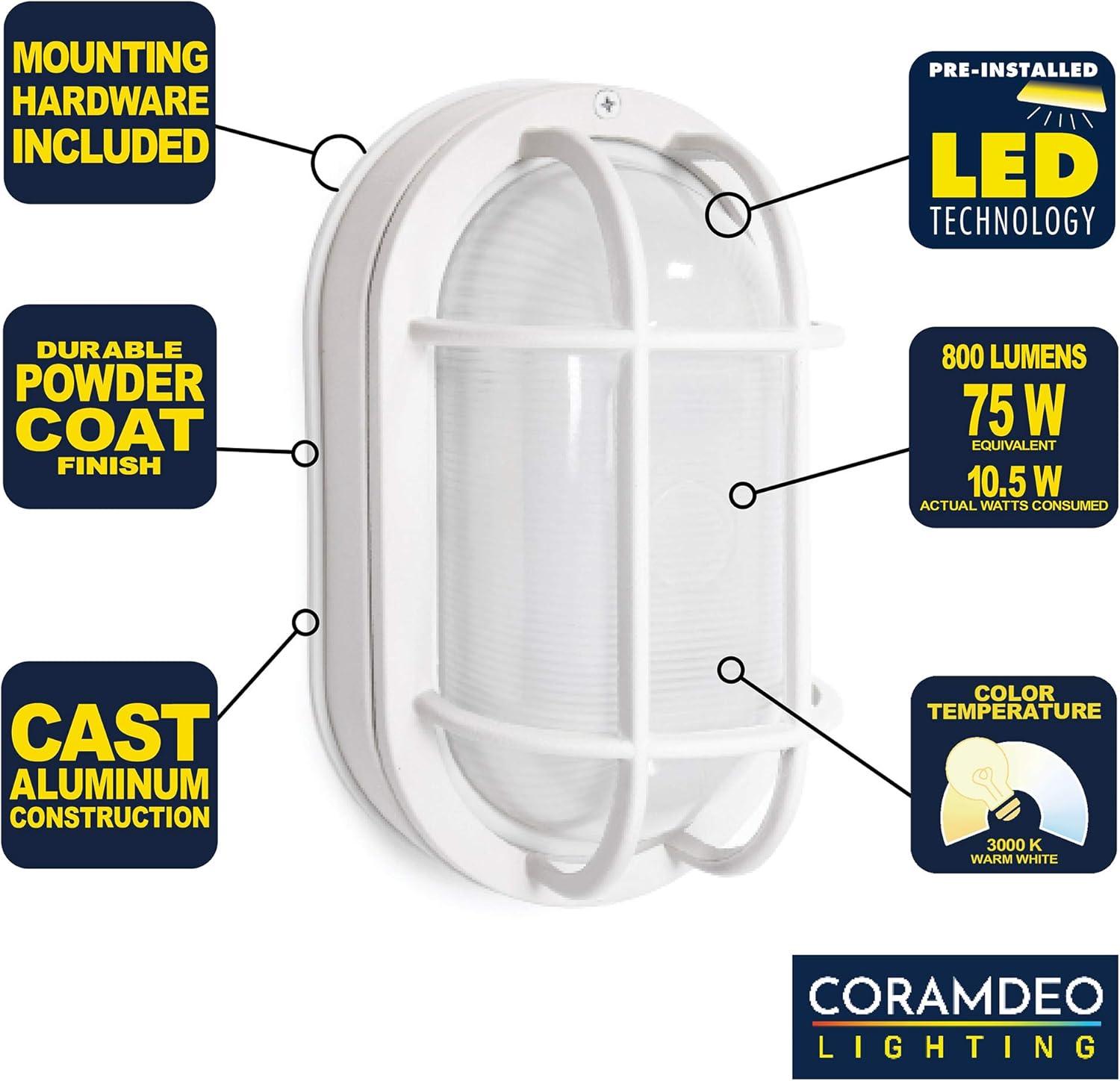 CORAMDEO Outdoor 8.5" Oval LED Nautical Bulkhead Light, Flush Mount for Wall or Ceiling, Wet Location, 75W of Light, 800 Lumens, 3K, White Cast Aluminum with Frosted Glass Lens (CD-SF002-830LED)