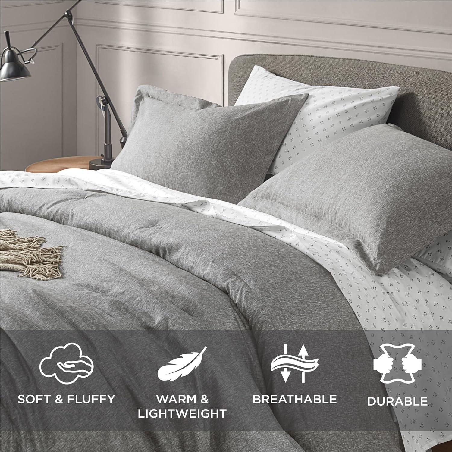 Lightweight Grey Comforter for Queen Size and Full Size Bed, Modern Chambray Bedding Set, Including 1 Comforter and 2 Pillow Shams
