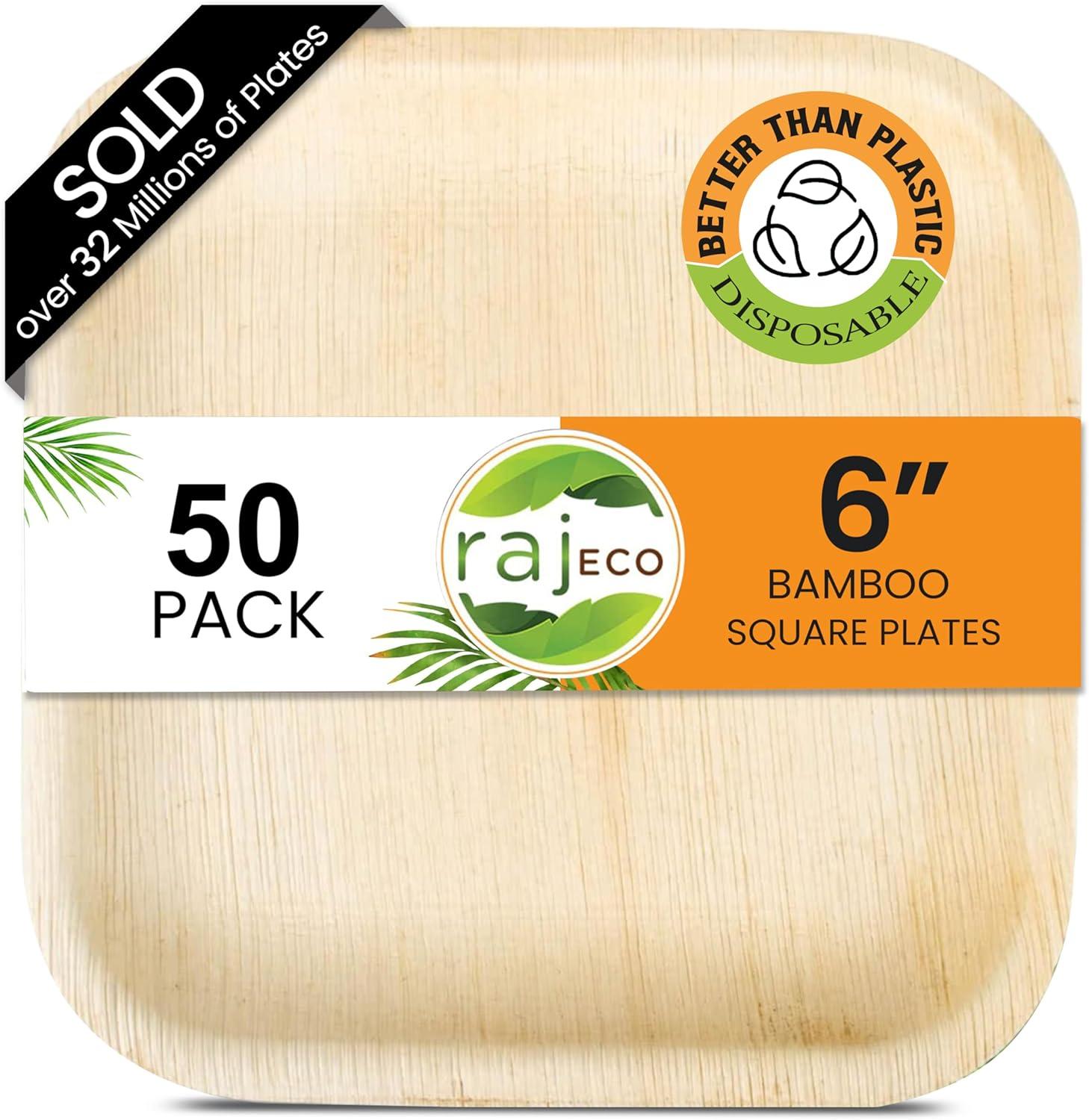 Raj Eco Compostable Palm Leaf Plates Like Bamboo Plates Disposable - 6 Inch Square 50 Party Plate, Natural Wooden, Eco-Friendly, Fancy Biodegradable & Disposable Dessert Appetizer Plate
