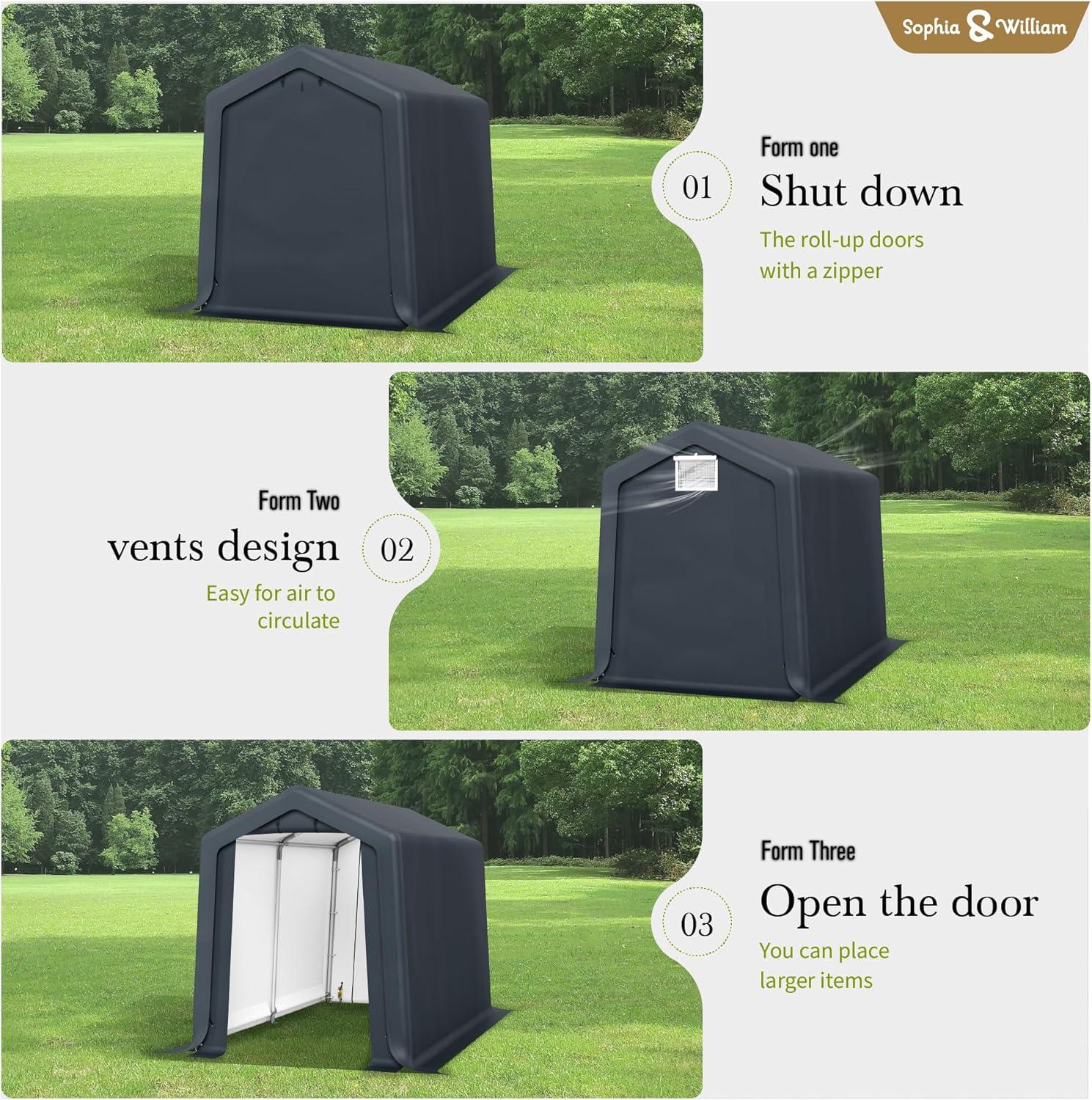 Alpha Joy 8 x 12 x 7.3ft Outdoor Storage Shed Heavy Duty Portable Carport Canopy Shelter, for Bike, Motorcycle, Garden Storage