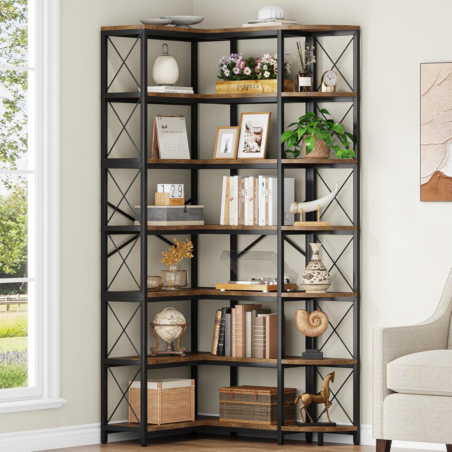 7-Tier Rustic Brown Industrial Corner Bookshelf with Metal Frame