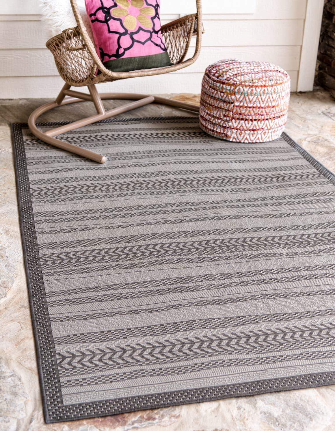 Unique Loom Outdoor Border Collection Area Rug - Lines (9' x 12' 2" Rectangle Gray/Silver)