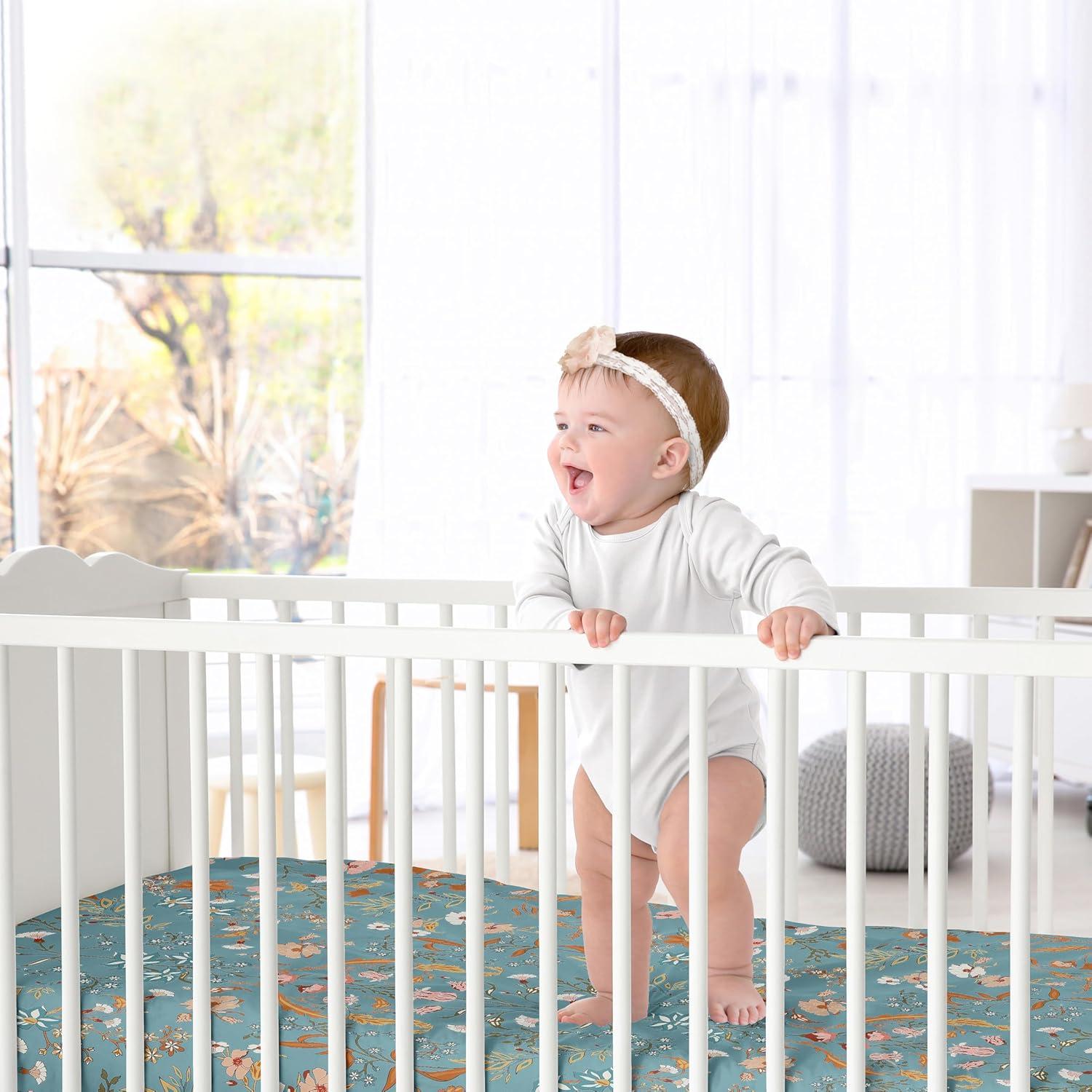 Sweet Jojo Designs Girl Fitted Crib Sheets Set Boho Floral Wildflower Blue Orange and Pink 2pc